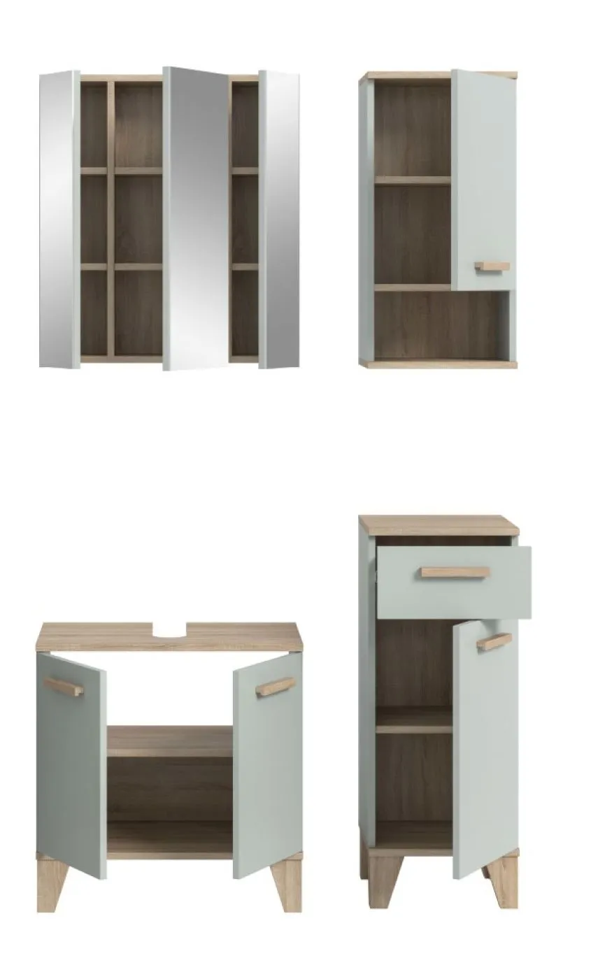 Bad Set Star 2 | 4-teilig | hellgrün / Eiche | Spiegelschrank mit optionaler Beleuchtung