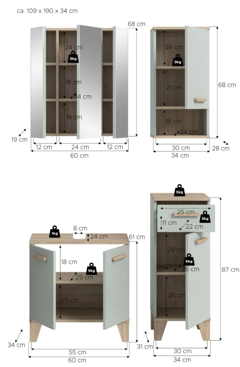 Bad Set Star 2 | 4-teilig | hellgrün / Eiche | Spiegelschrank mit optionaler Beleuchtung