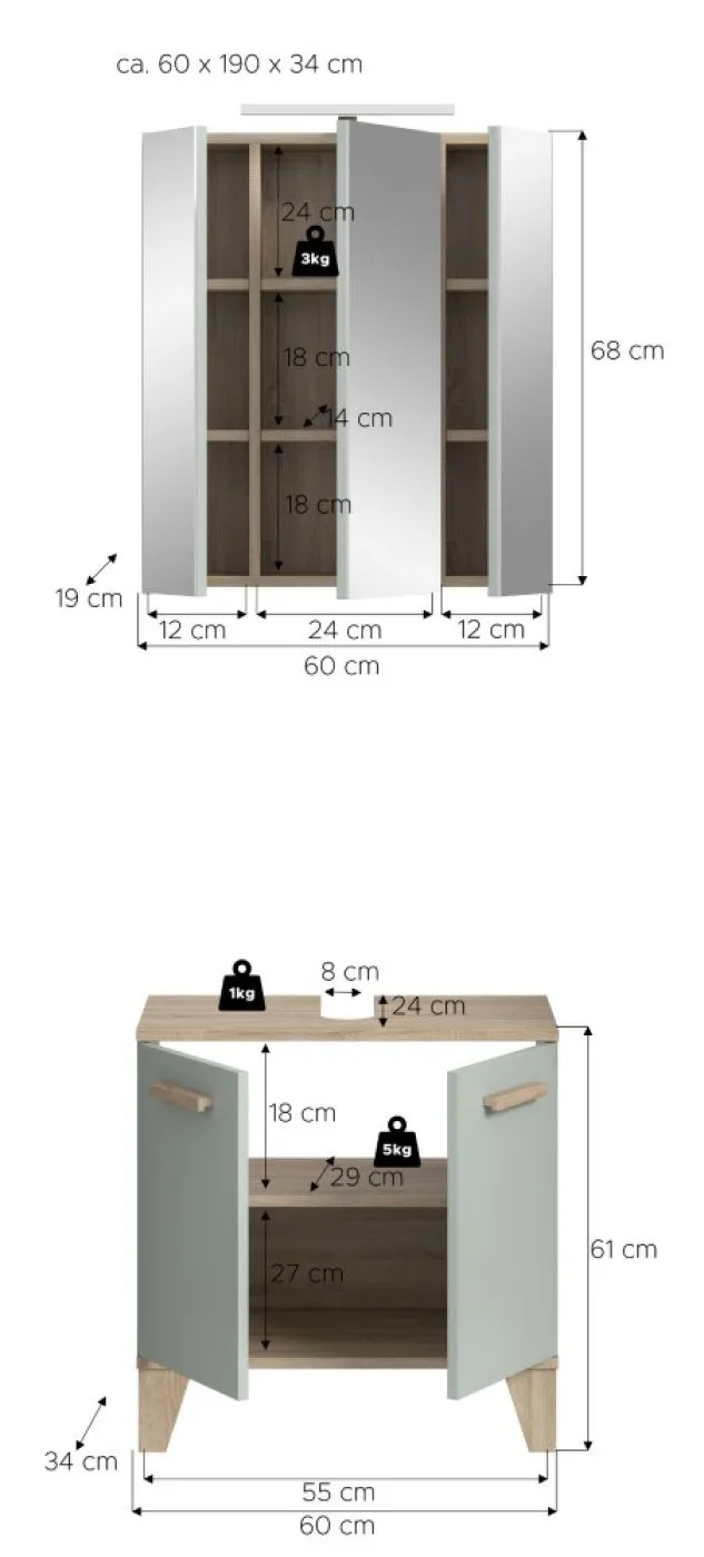 Bad Set Star 4 | 2-teilig | hellgrün / Eiche | Spiegelschrank mit optionaler Beleuchtung