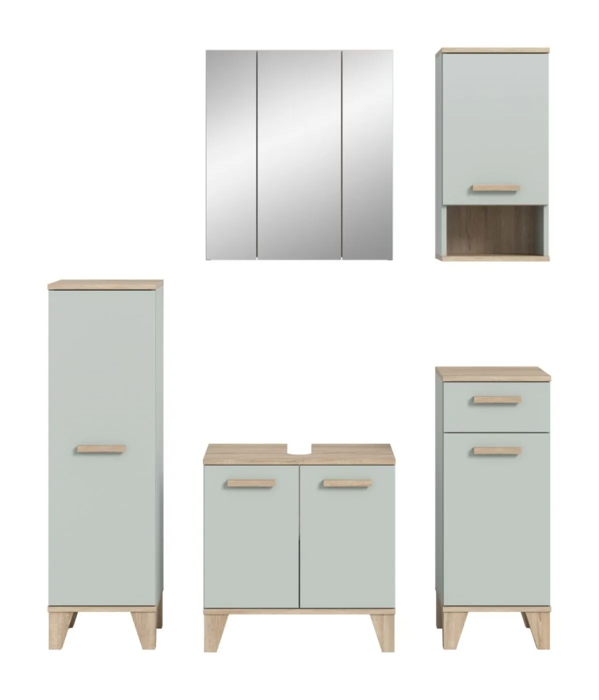 Bad Set Star | 5-teilig | hellgrün / Eiche | Spiegelschrank mit Beleuchtung
