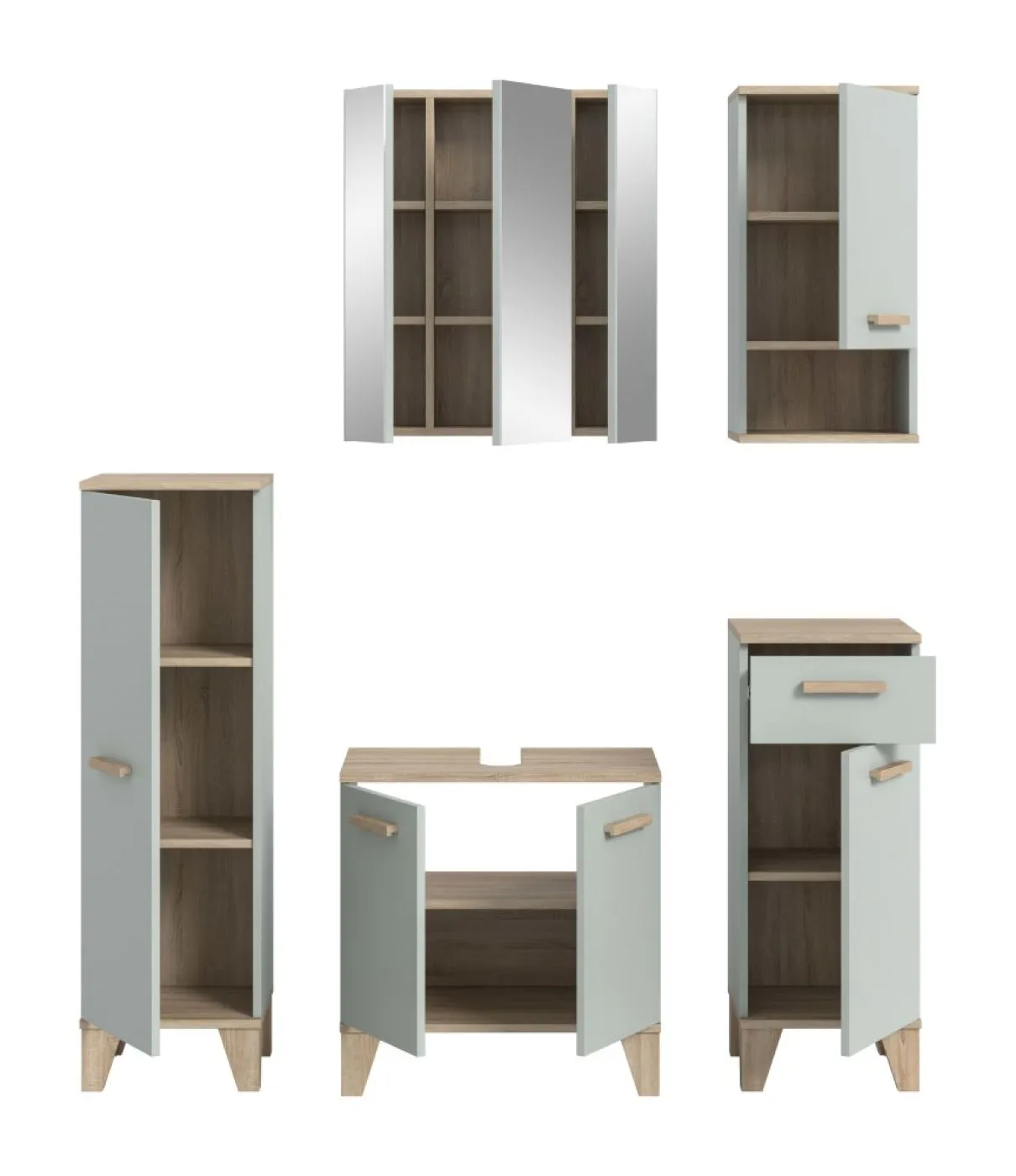 Bad Set Star | 5-teilig | hellgrün / Eiche | Spiegelschrank mit Beleuchtung