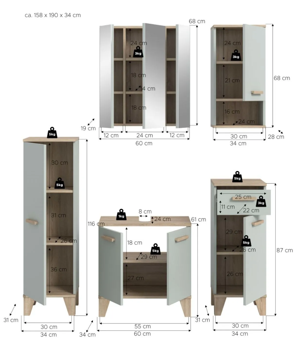 Bad Set Star | 5-teilig | hellgrün / Eiche | Spiegelschrank mit Beleuchtung
