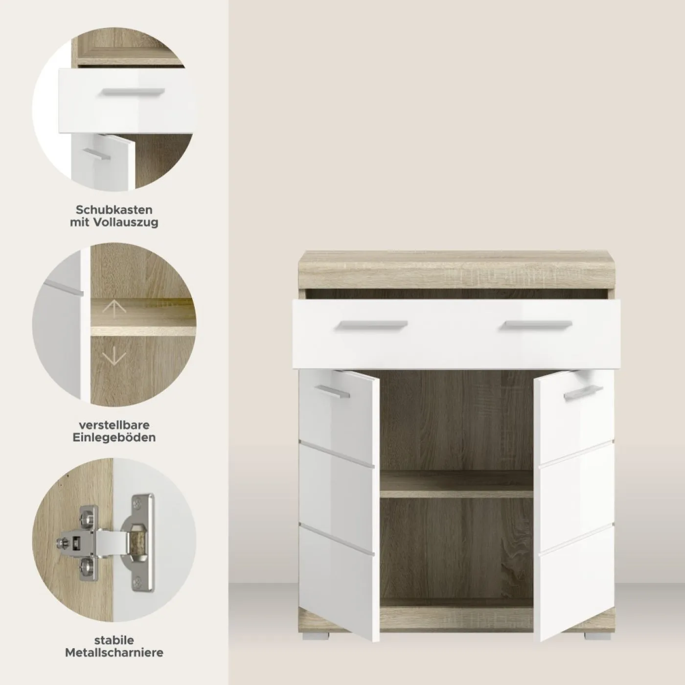 Badezimmer Kommode 2 Lambada | weiß Hochglanz / Sonoma Eiche