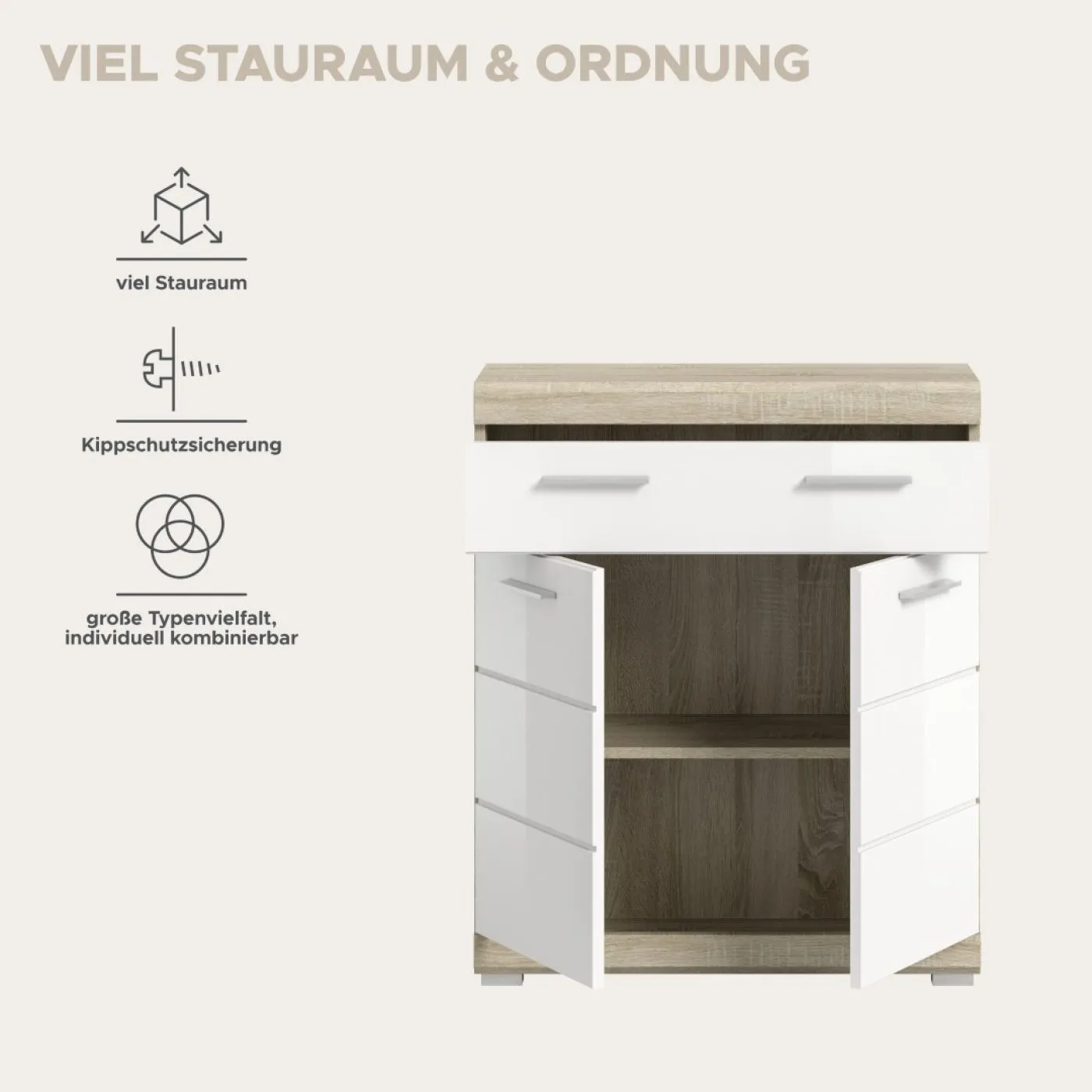 Badezimmer Kommode 2 Lambada | weiß Hochglanz / Sonoma Eiche