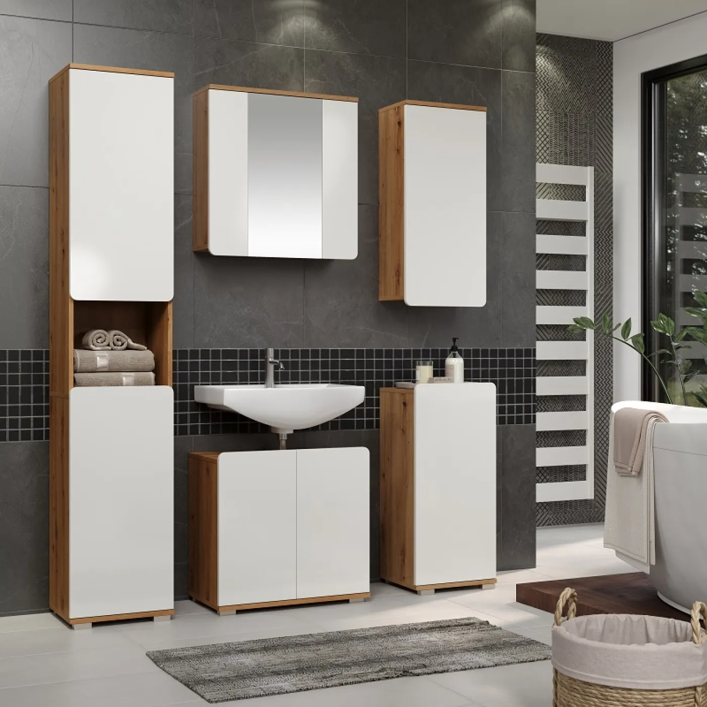 Badezimmer Kommode Ciara | weiß Hochglanz / Eiche Artisan