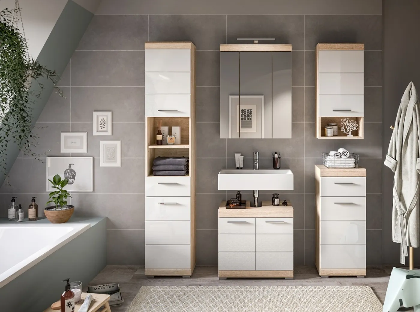 Badezimmer Kommode Lambada | weiß Hochglanz / Sonoma Eiche hell