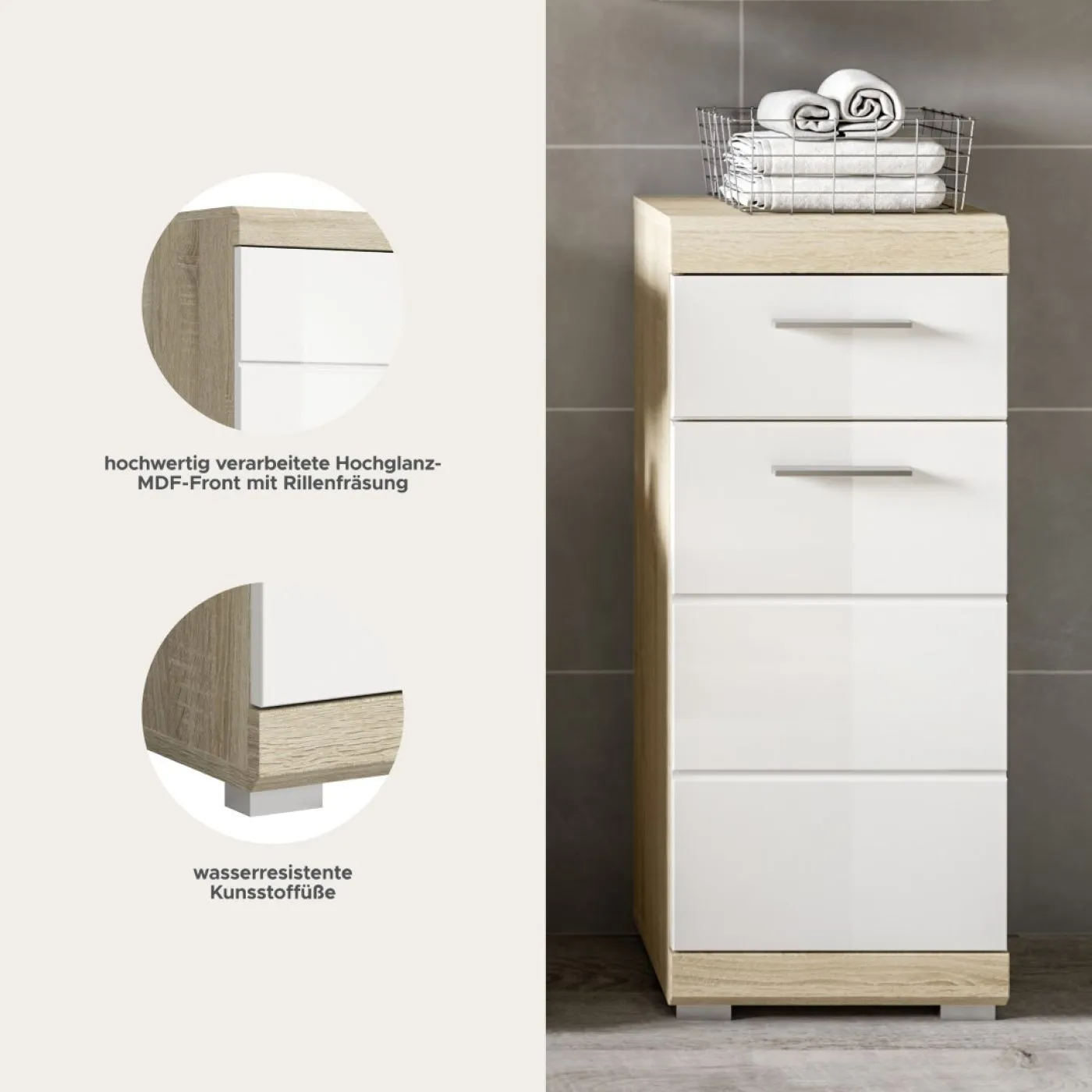 Badezimmer Kommode Lambada | weiß Hochglanz / Sonoma Eiche hell