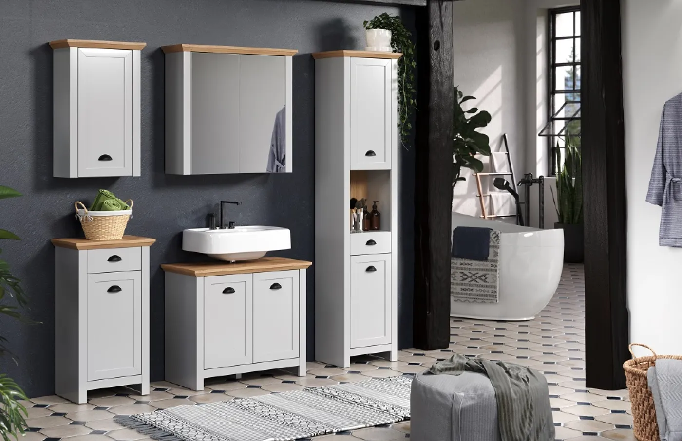 Badezimmer Kommode Landside | Landhausstil | Lichtgrau / Artisan Eiche