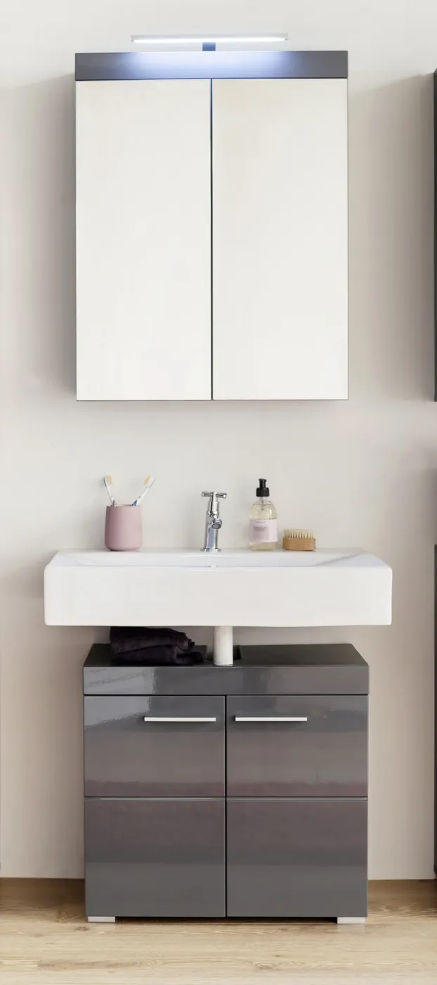 Badezimmer-Set Amanda | grau Hochglanz | 2-teilig mit Aufsatzleuchte
