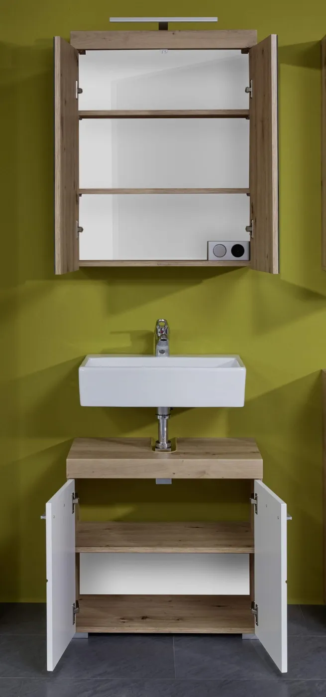 Badezimmer-Set Amanda | weiß Hochglanz / Eiche Asteiche | 2-teilig mit Aufsatzleuchte