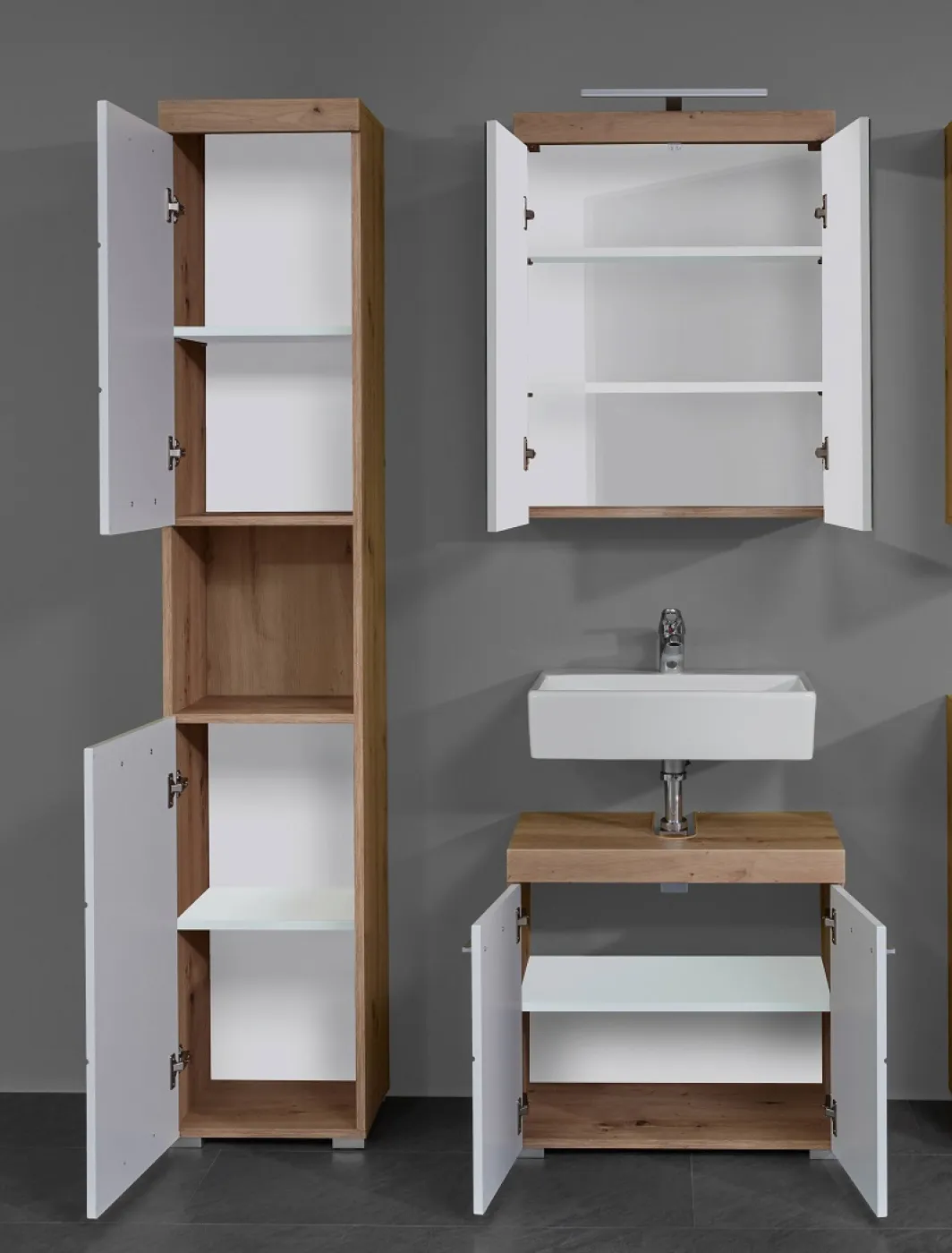 Badezimmer-Set Amanda | weiß Hochglanz / Eiche Asteiche | 3-teilig ohne Aufsatzleuchte