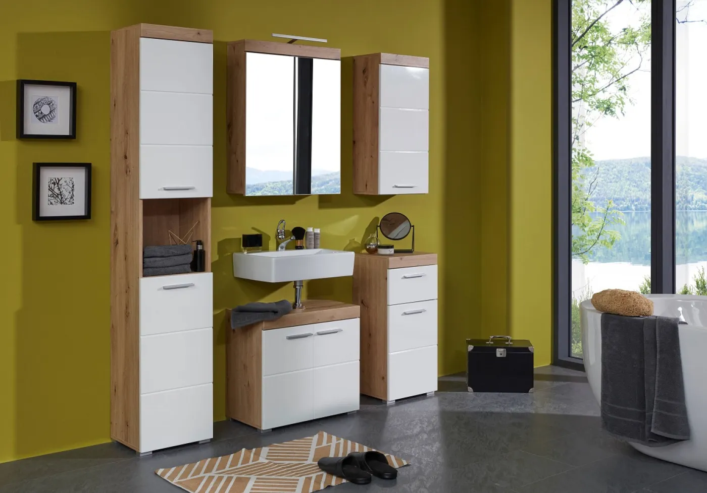 Badezimmer-Set Amanda | weiß Hochglanz / Eiche Asteiche | 3-teilig ohne Aufsatzleuchte