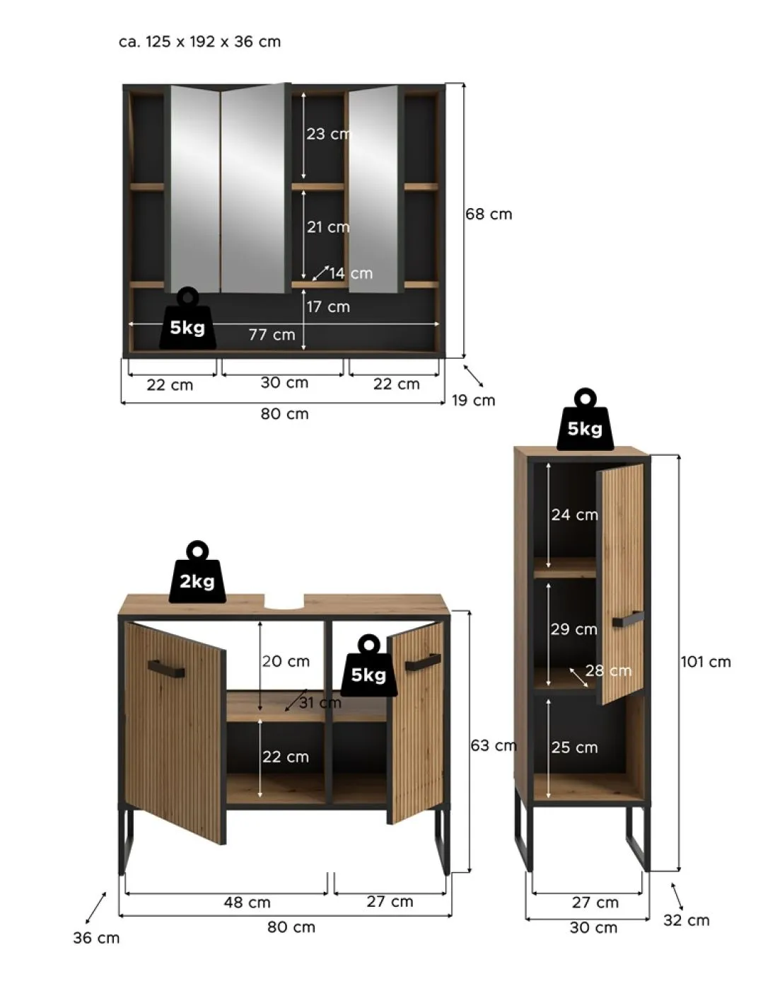 Badezimmer-Set Bagno 1 | Artisan Oak | 3-teilig ohne Beleuchtung