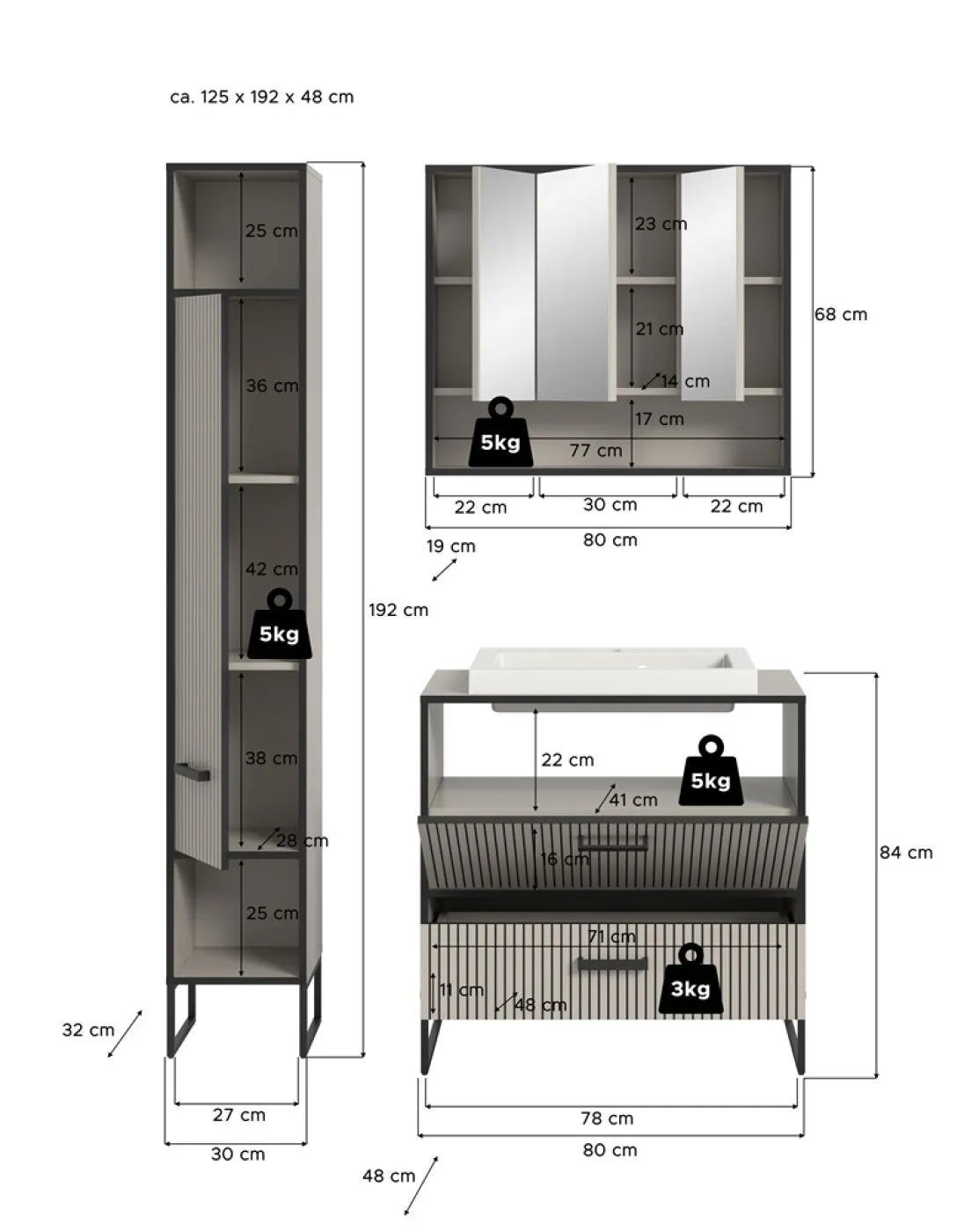Badezimmer-Set Bagno 2 | Kaschmir | 3-teilig | inkl. Waschbecken