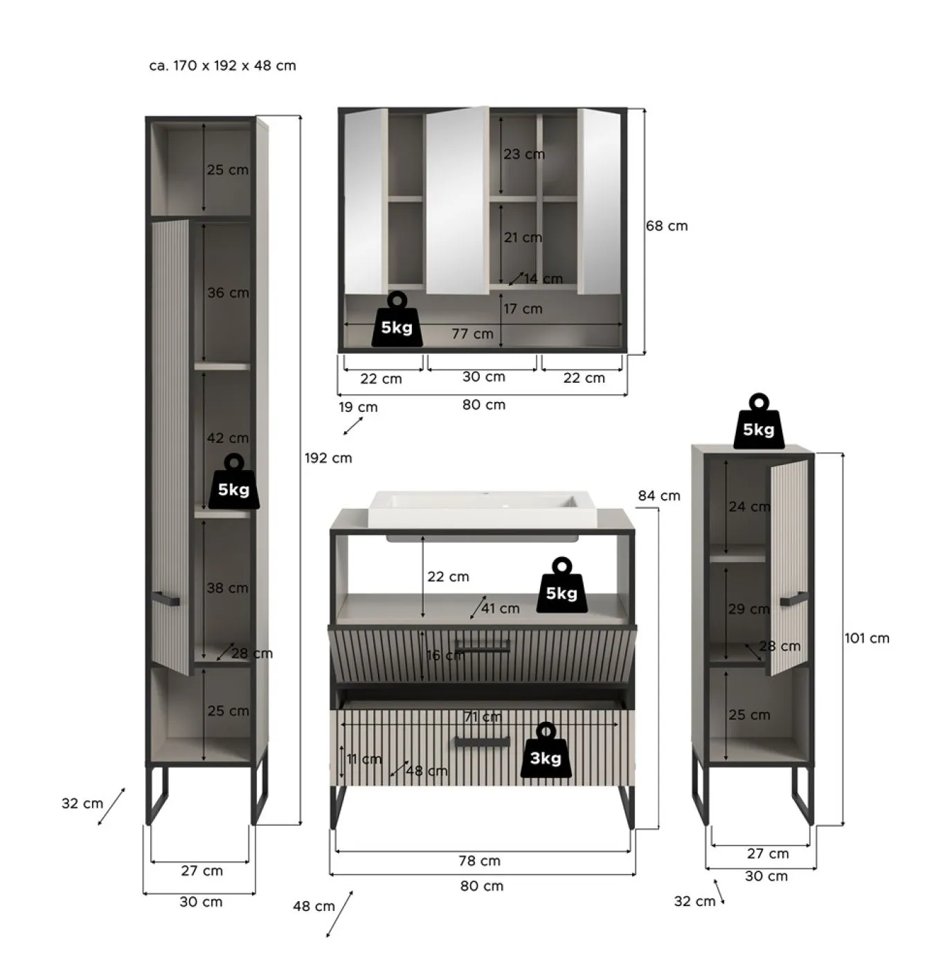 Badezimmer-Set Bagno | Kaschmir | 4-teilig | inkl. Waschbecken
