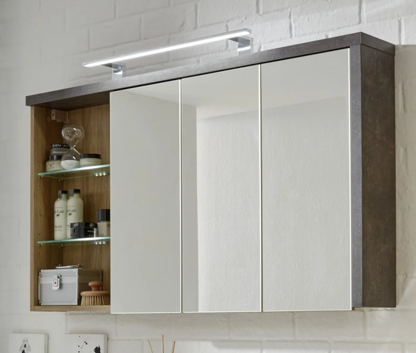 Badezimmer-Set Bay | inkl. Waschbecken | Eiche Honig / Beton | 4-teilig Glasbodenbeleuchtung 5 St.