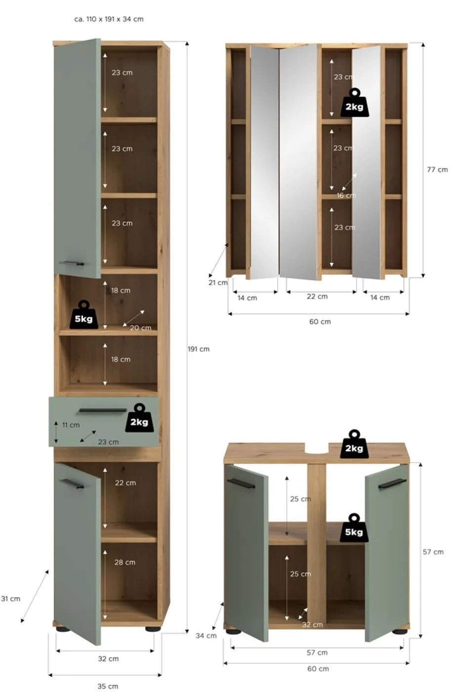 Badezimmer-Set Blake 1 | Salbei / Artisan Eiche | 3-teilig