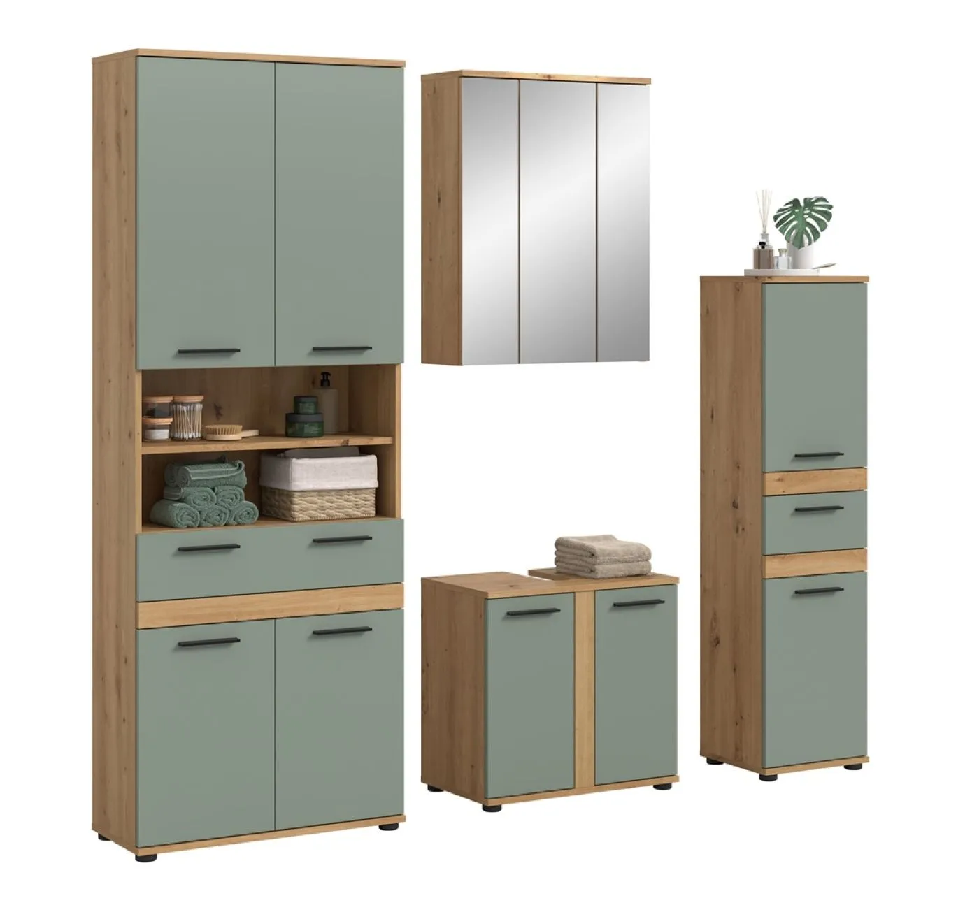 Badezimmer-Set Blake 1 | Salbei / Artisan Eiche | 4-teilig mit Aufsatzleuchte
