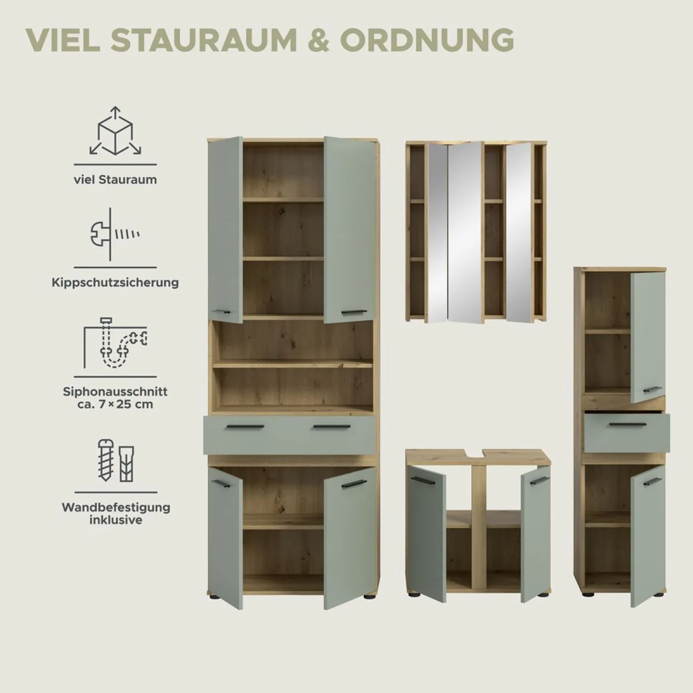 Badezimmer-Set Blake 1 | Salbei / Artisan Eiche | 4-teilig mit Aufsatzleuchte