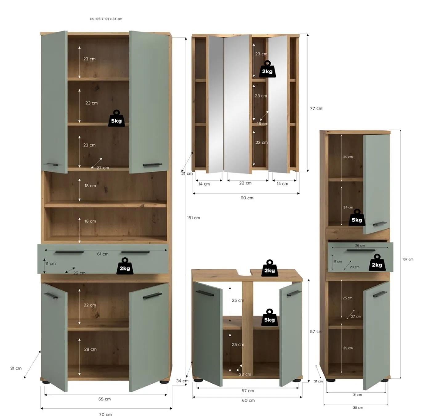 Badezimmer-Set Blake 1 | Salbei / Artisan Eiche | 4-teilig ohne Aufsatzleuchte