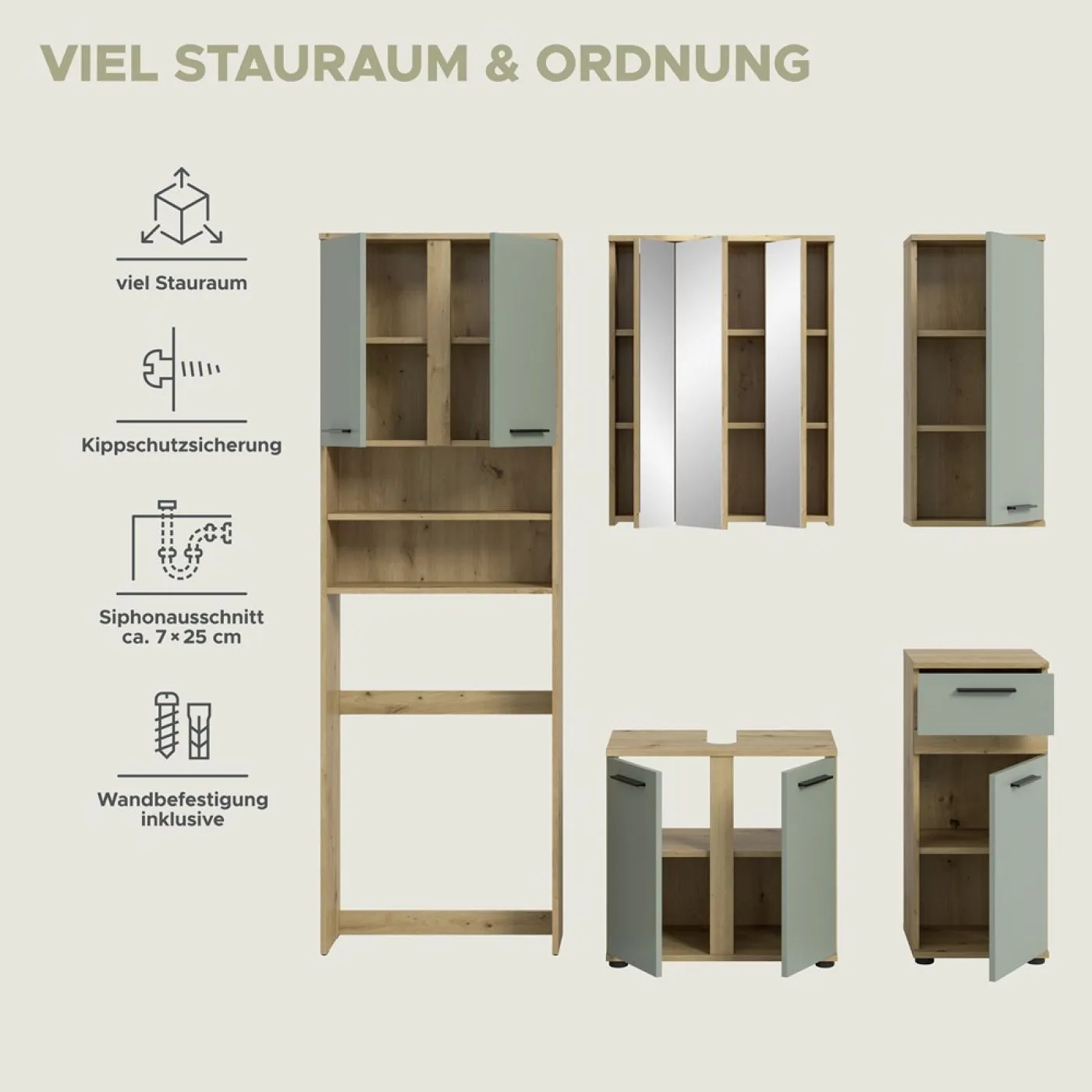 Badezimmer-Set Blake 1 | Salbei / Artisan Eiche | 5-teilig
