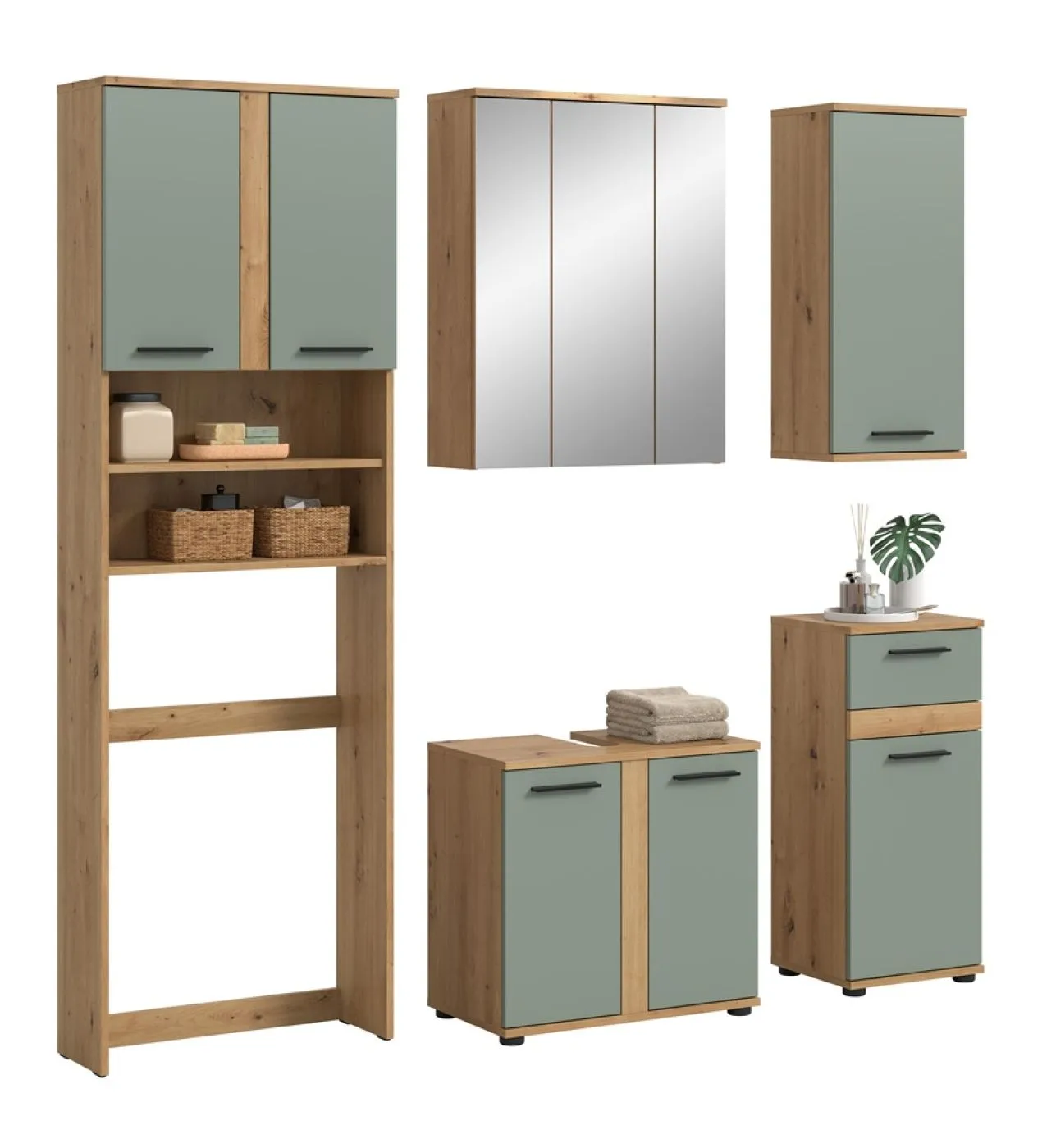 Badezimmer-Set Blake 1 | Salbei / Artisan Eiche | 5-teilig mit LED