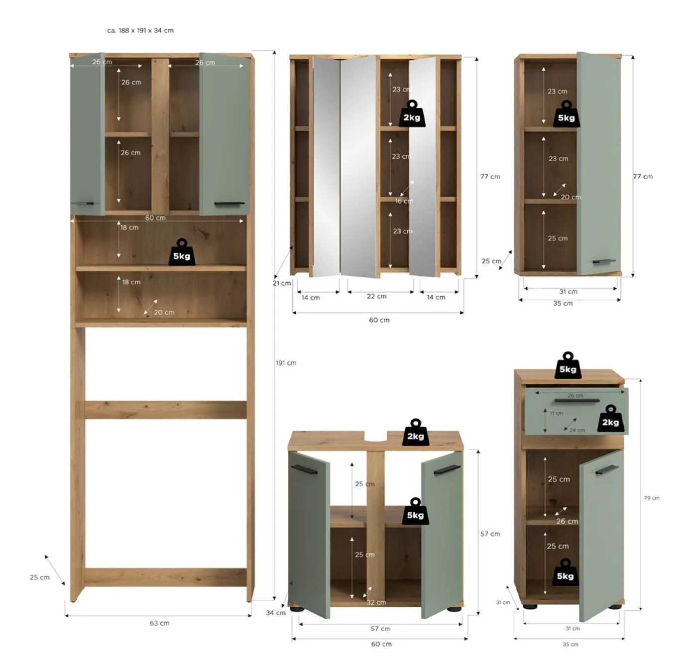 Badezimmer-Set Blake 1 | Salbei / Artisan Eiche | 5-teilig mit LED