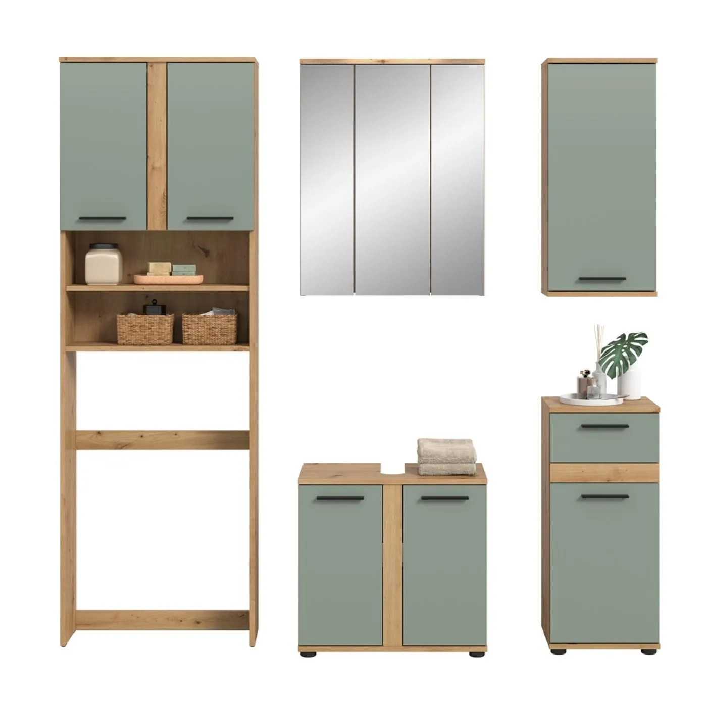Badezimmer-Set Blake 1 | Salbei / Artisan Eiche | 5-teilig ohne Beleuchtung