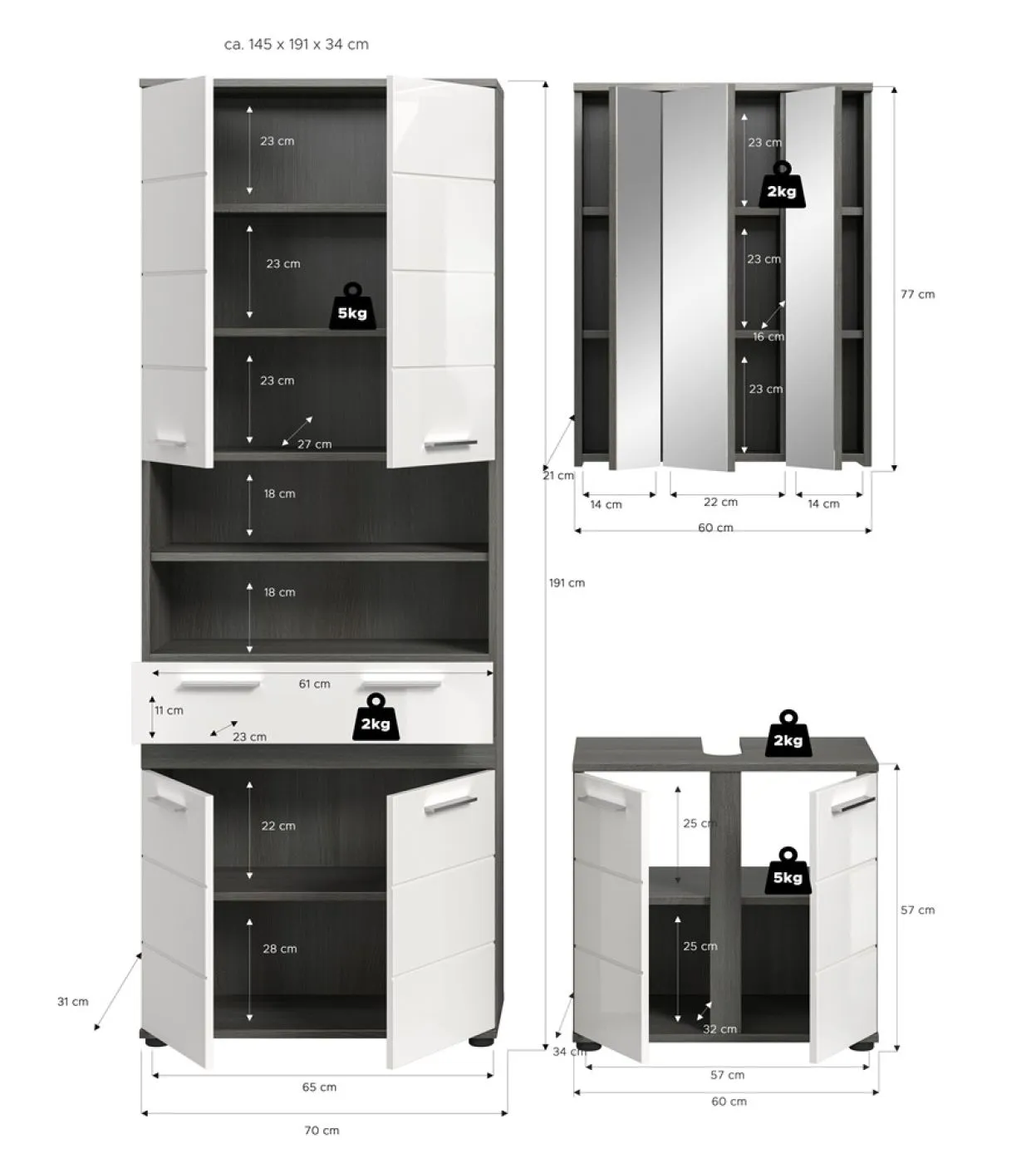 Badezimmer-Set Blake 1 | weiß Hochglanz / rauchsilber | 3-teilig mit Aufsatzbeleuchtung