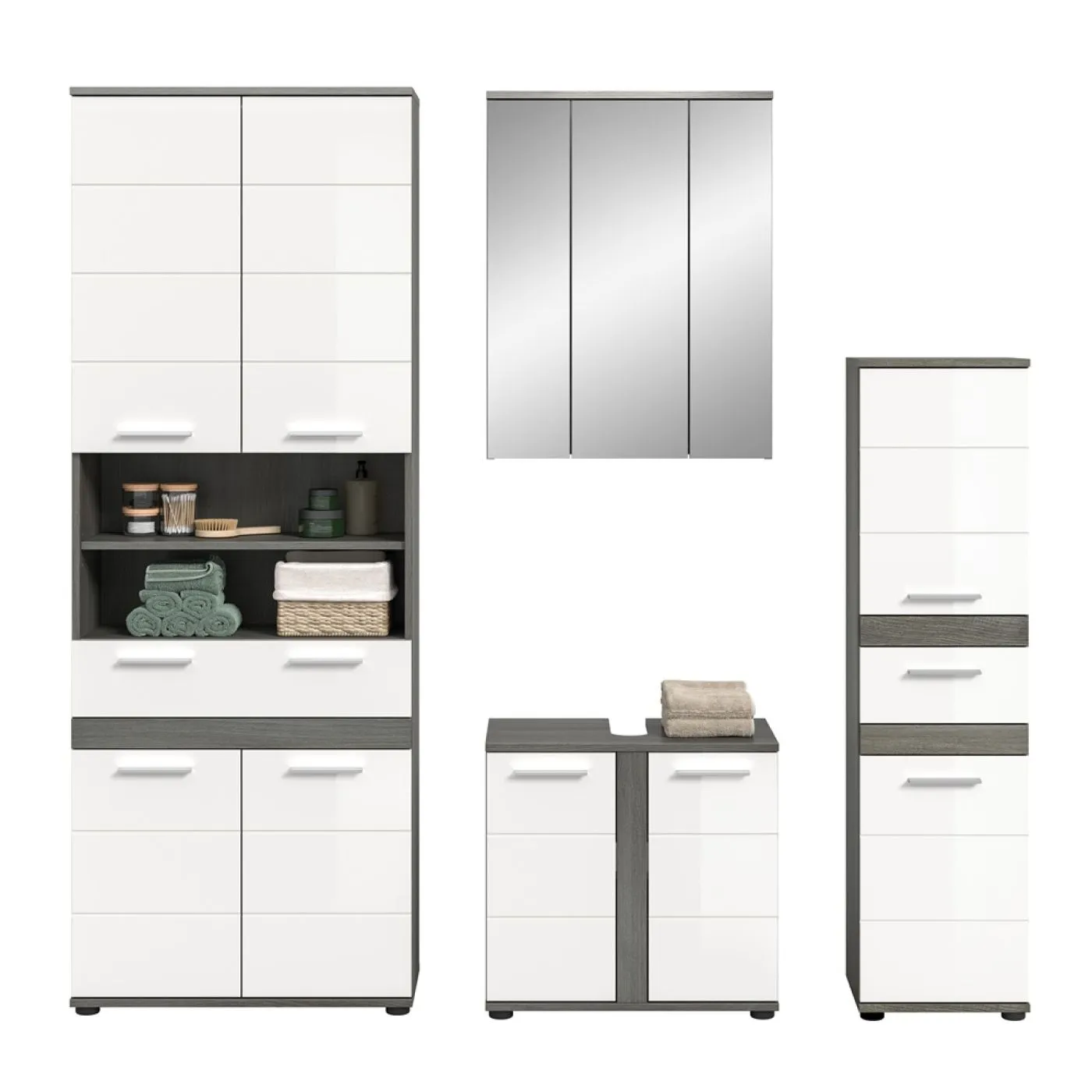 Badezimmer-Set Blake 1 | weiß Hochglanz / rauchsilber | 4-teilig