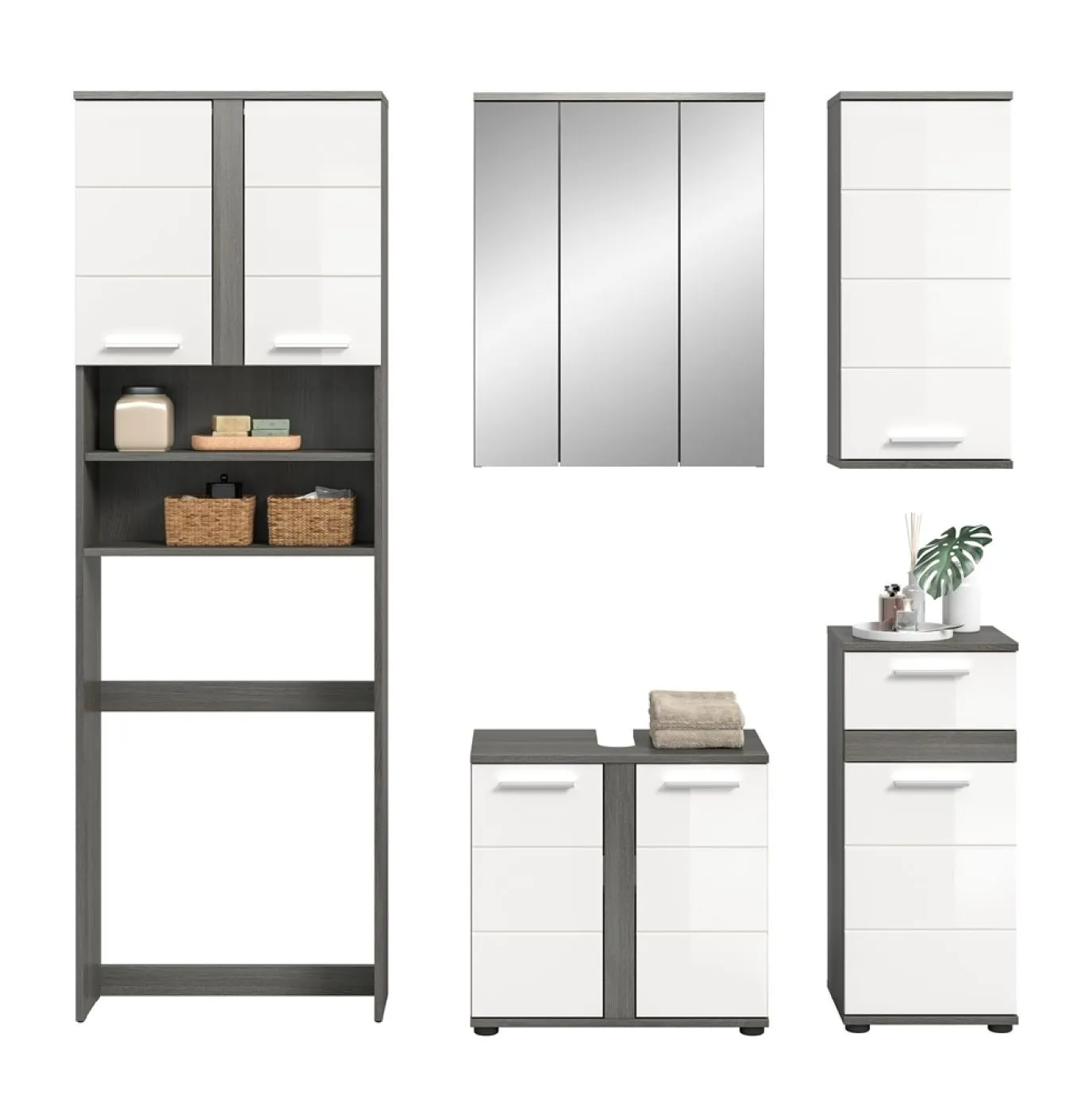 Badezimmer-Set Blake 1 | weiß Hochglanz / rauchsilber | 5-teilig