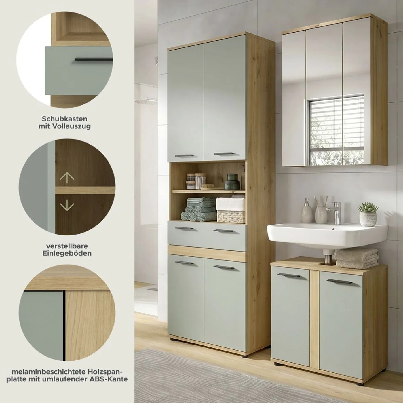 Badezimmer-Set Blake 2 | Salbei / Artisan Eiche | 3-teilig