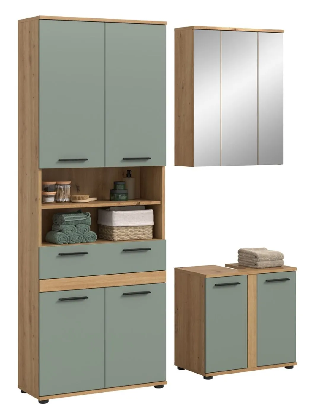 Badezimmer-Set Blake 2 | Salbei / Artisan Eiche | 3-teilig mit LED