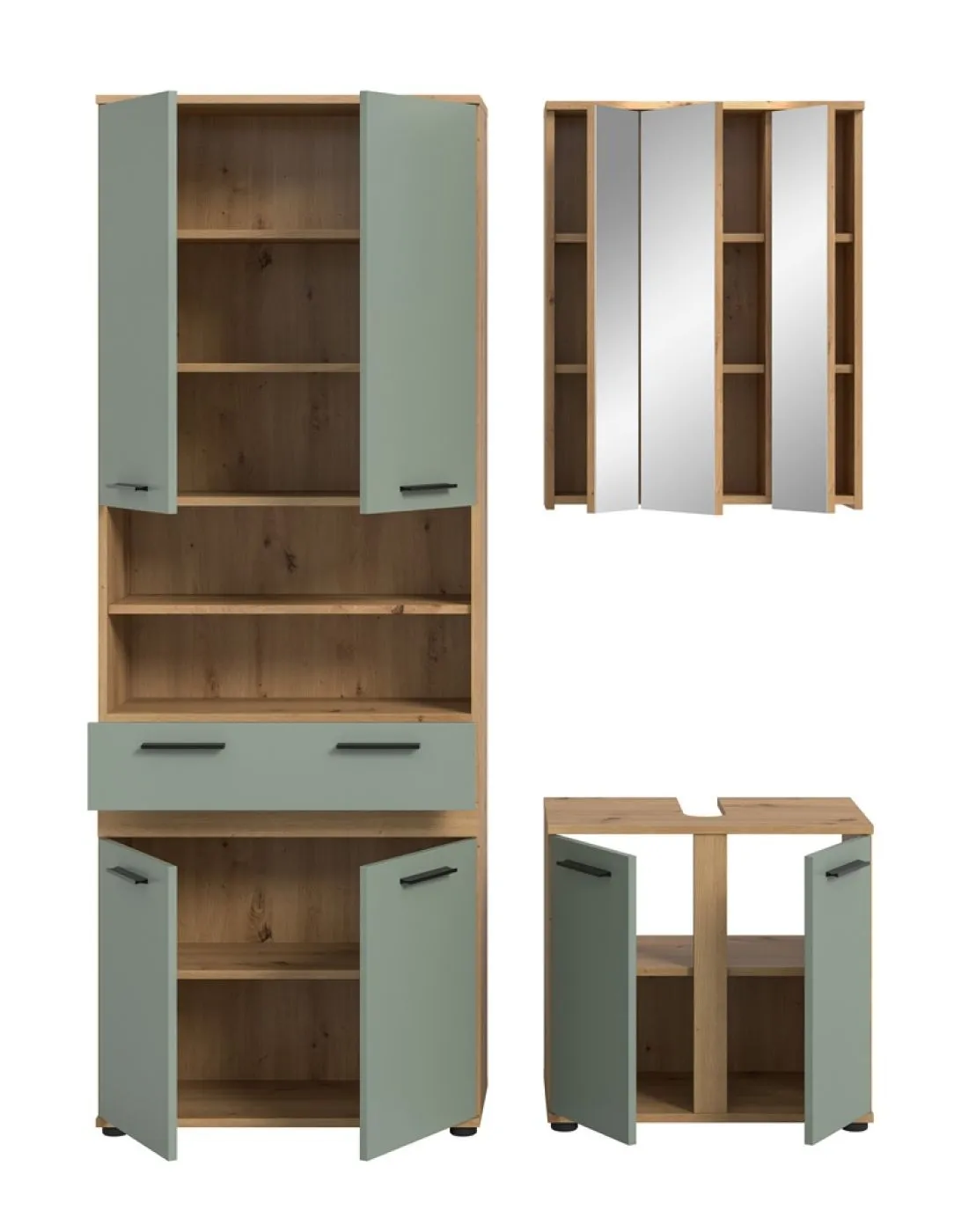 Badezimmer-Set Blake 2 | Salbei / Artisan Eiche | 3-teilig mit LED
