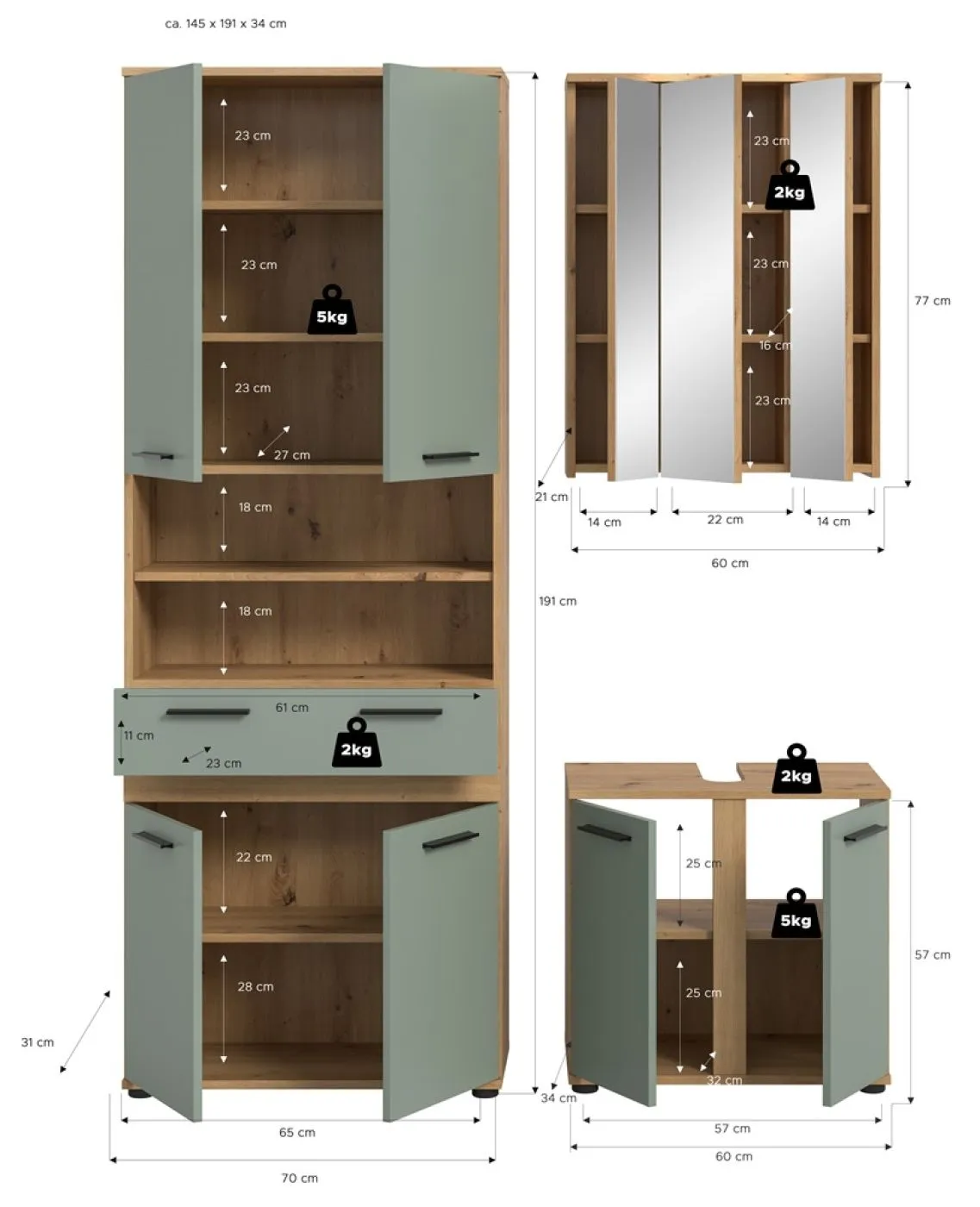Badezimmer-Set Blake 2 | Salbei / Artisan Eiche | 3-teilig ohne Beleuchtung