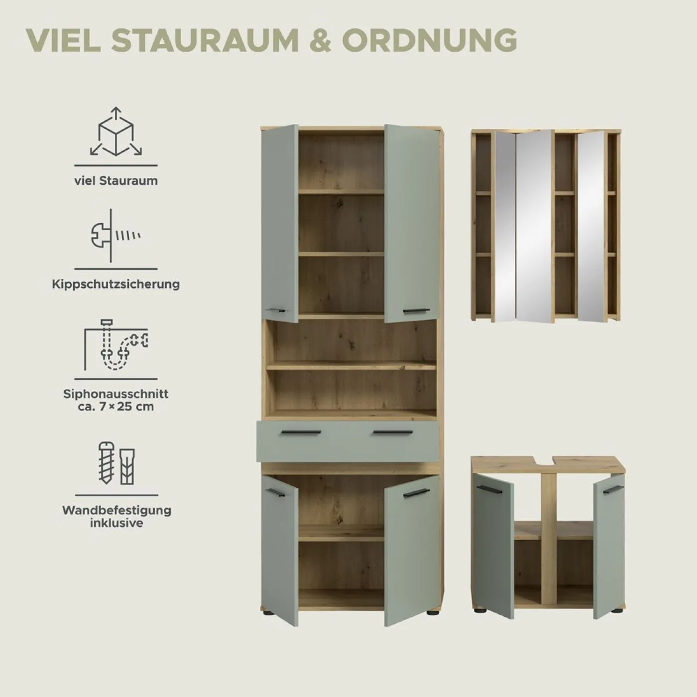 Badezimmer-Set Blake 2 | Salbei / Artisan Eiche | 3-teilig ohne Beleuchtung