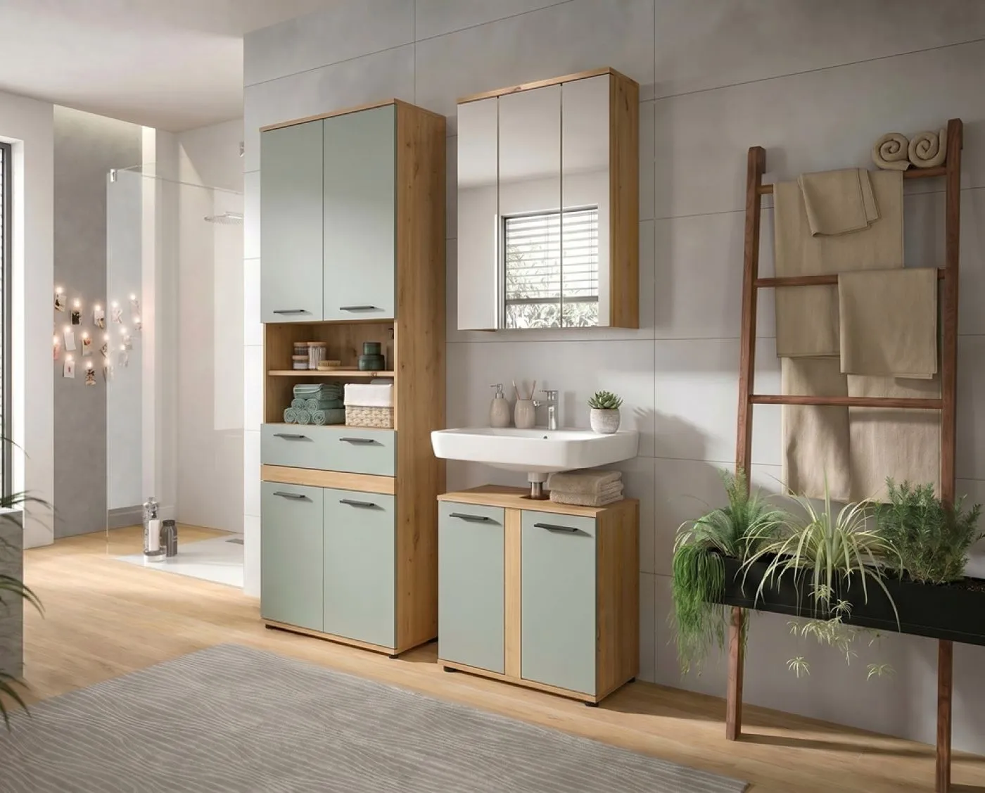 Badezimmer-Set Blake 2 | Salbei / Artisan Eiche | 3-teilig ohne Beleuchtung