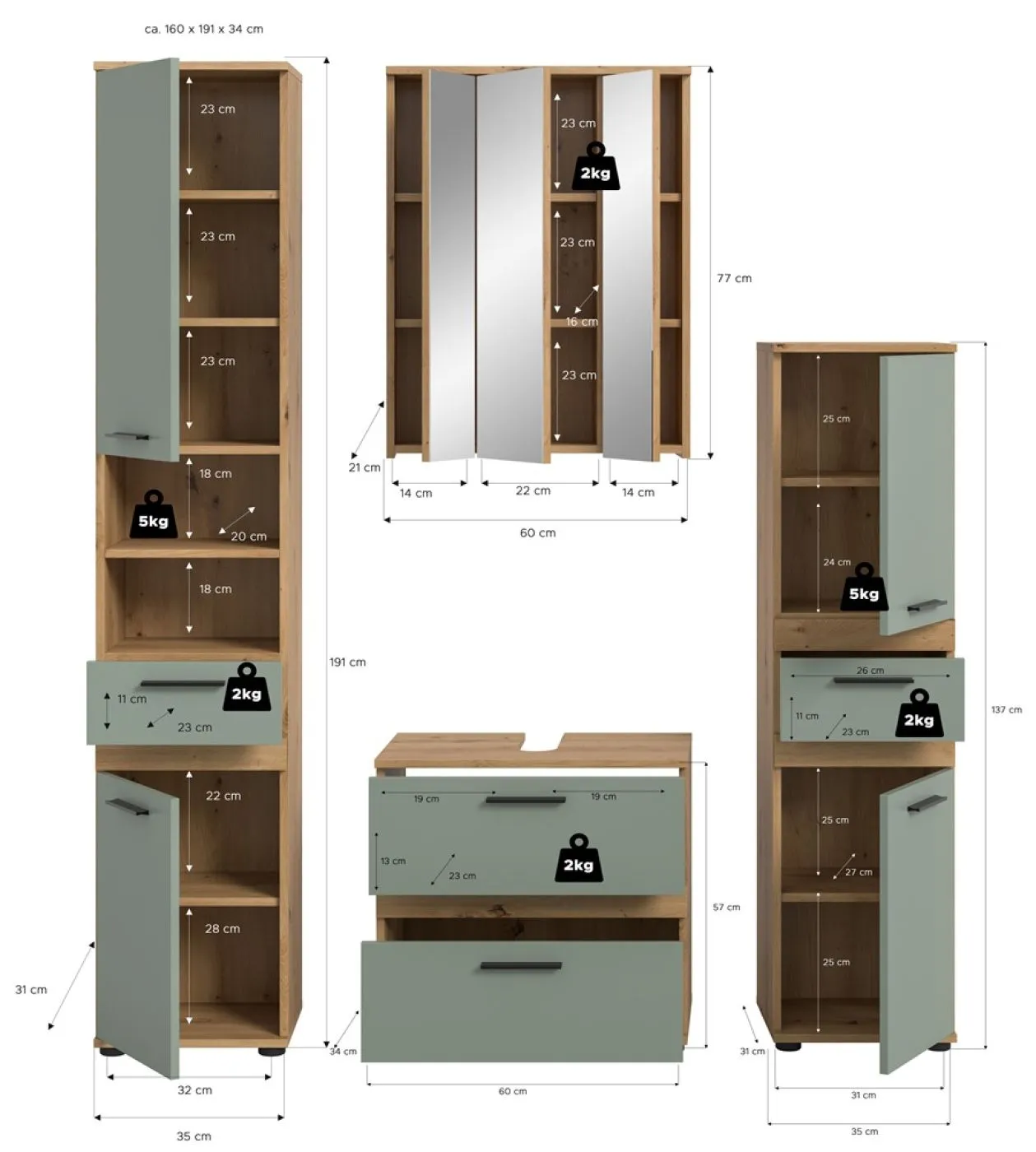 Badezimmer-Set Blake 2 | Salbei / Artisan Eiche | 4-teilig