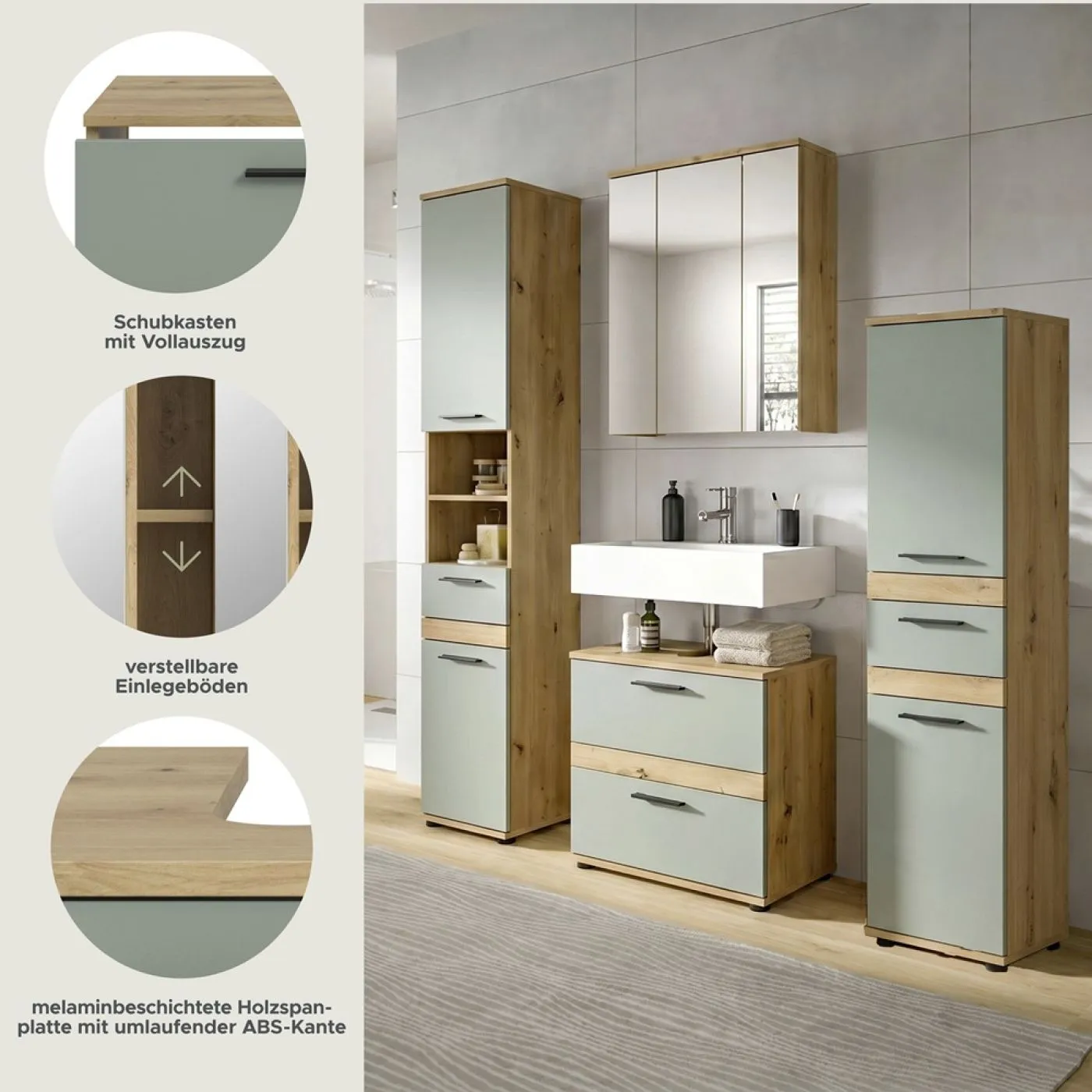 Badezimmer-Set Blake 2 | Salbei / Artisan Eiche | 4-teilig