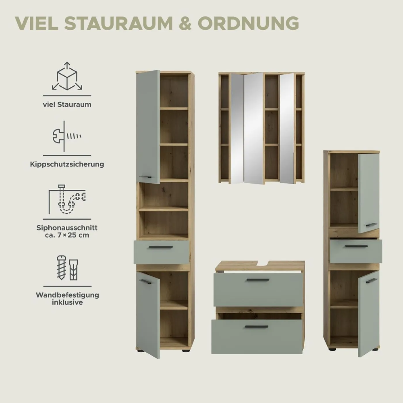 Badezimmer-Set Blake 2 | Salbei / Artisan Eiche | 4-teilig
