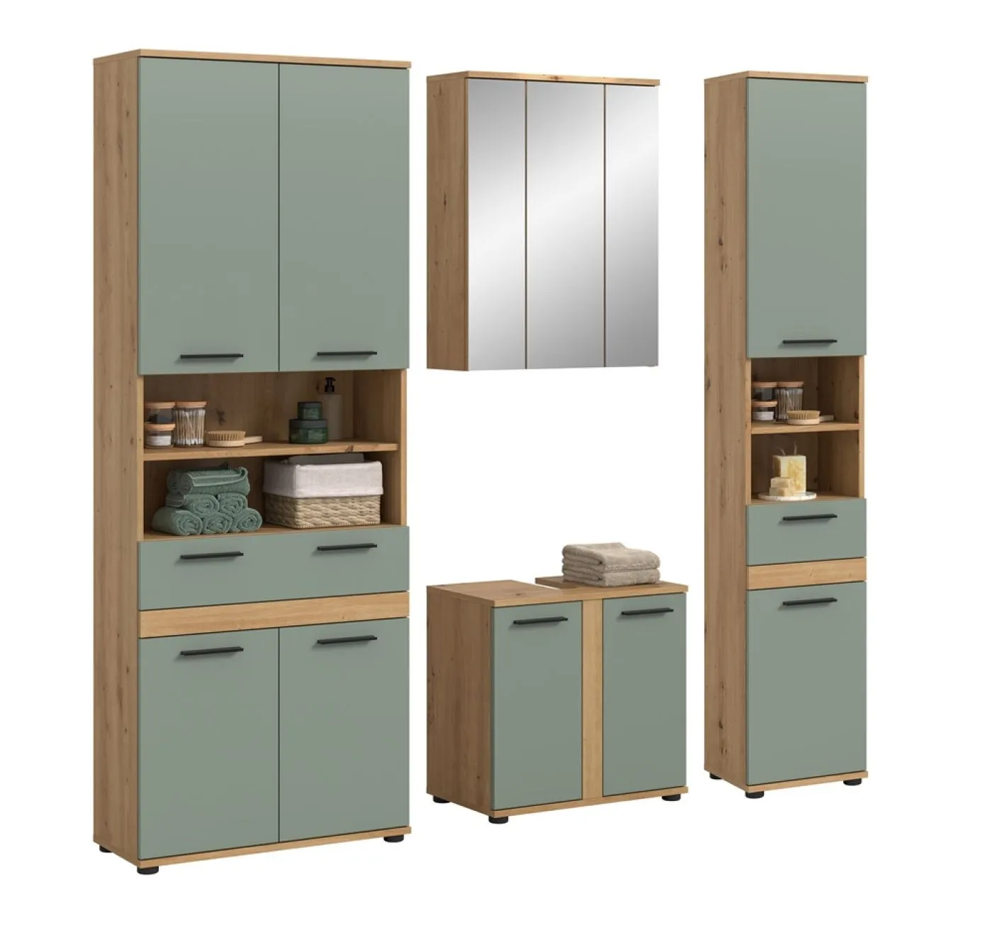 Badezimmer-Set Blake 2 | Salbei / Artisan Eiche | 4-teilig mit Aufsatzleuchte
