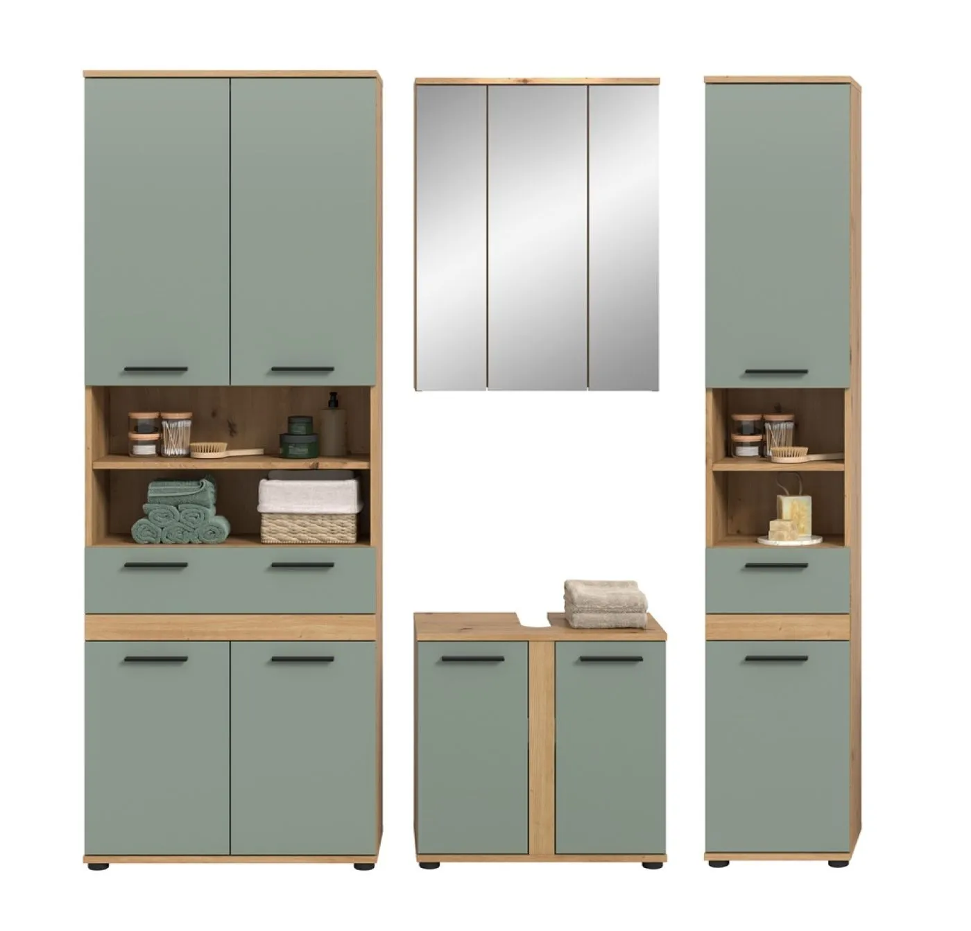 Badezimmer-Set Blake 2 | Salbei / Artisan Eiche | 4-teilig mit Aufsatzleuchte