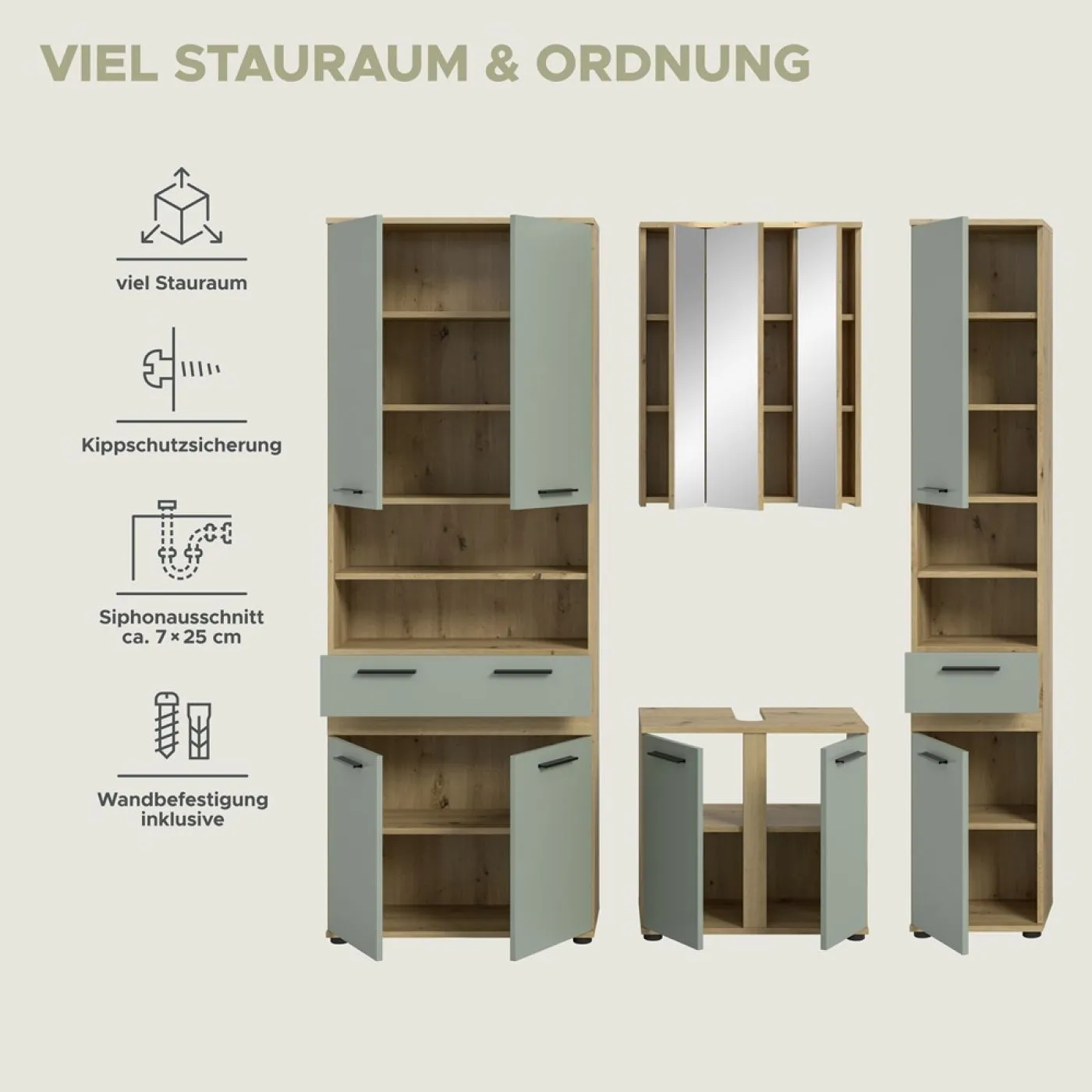Badezimmer-Set Blake 2 | Salbei / Artisan Eiche | 4-teilig mit Aufsatzleuchte