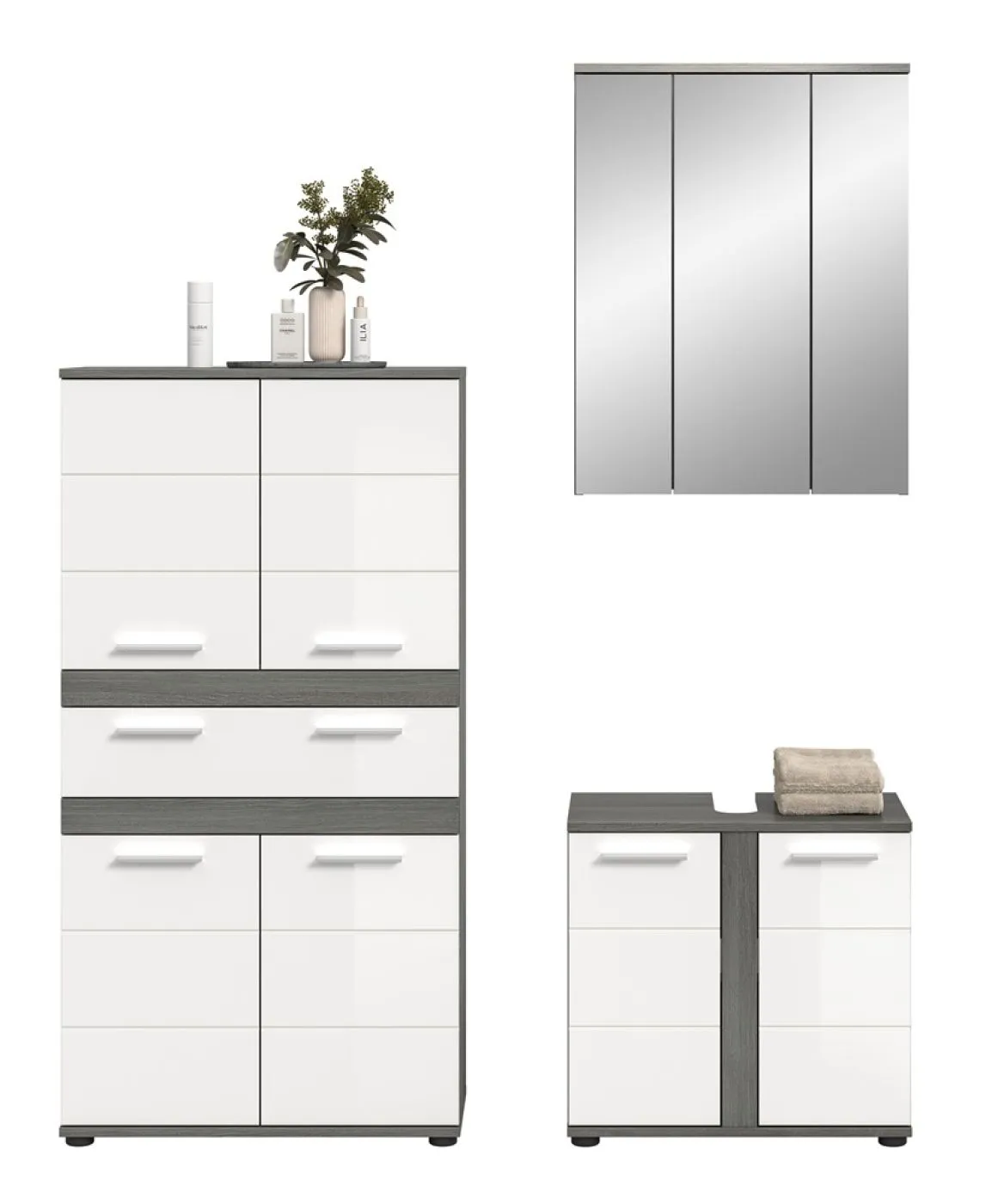 Badezimmer-Set Blake 2 | weiß Hochglanz / rauchsilber | 3-teilig mit LED