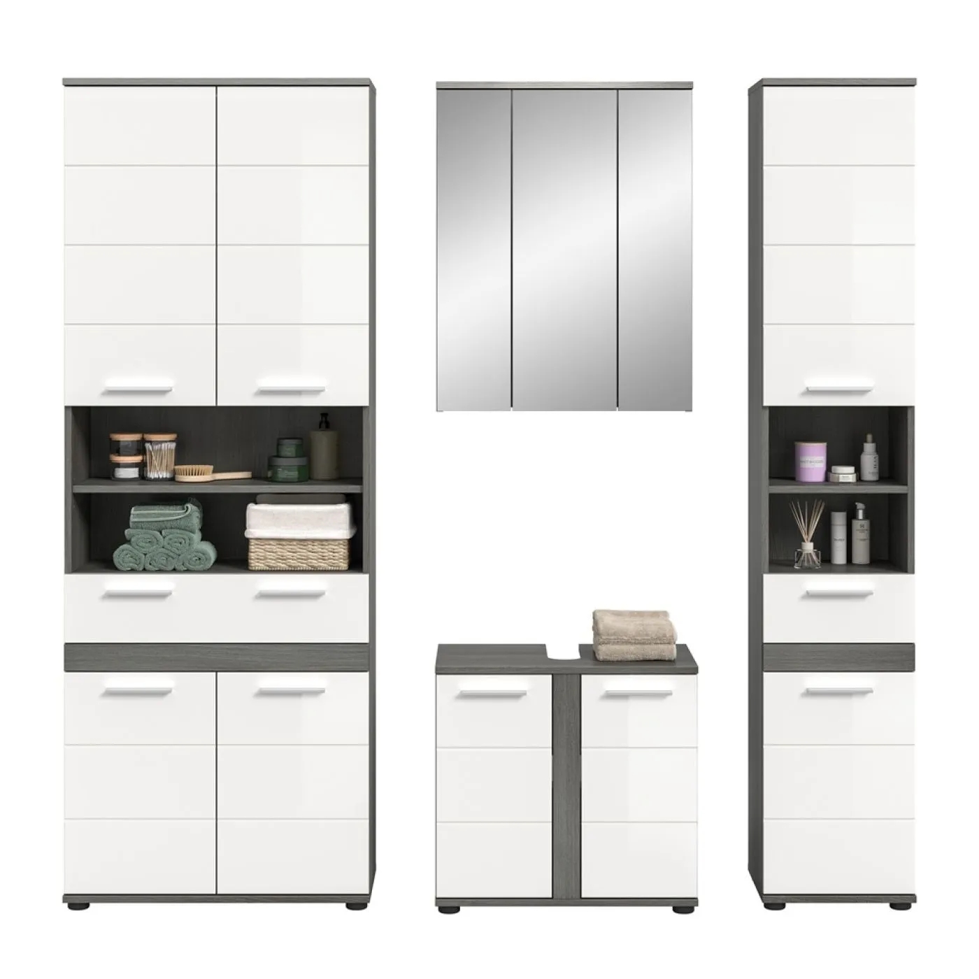 Badezimmer-Set Blake 2 | weiß Hochglanz / rauchsilber | 4-teilig