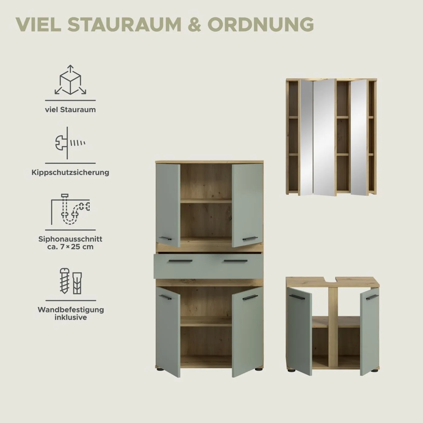 Badezimmer-Set Blake 3 | Salbei / Artisan Eiche | 3-teilig