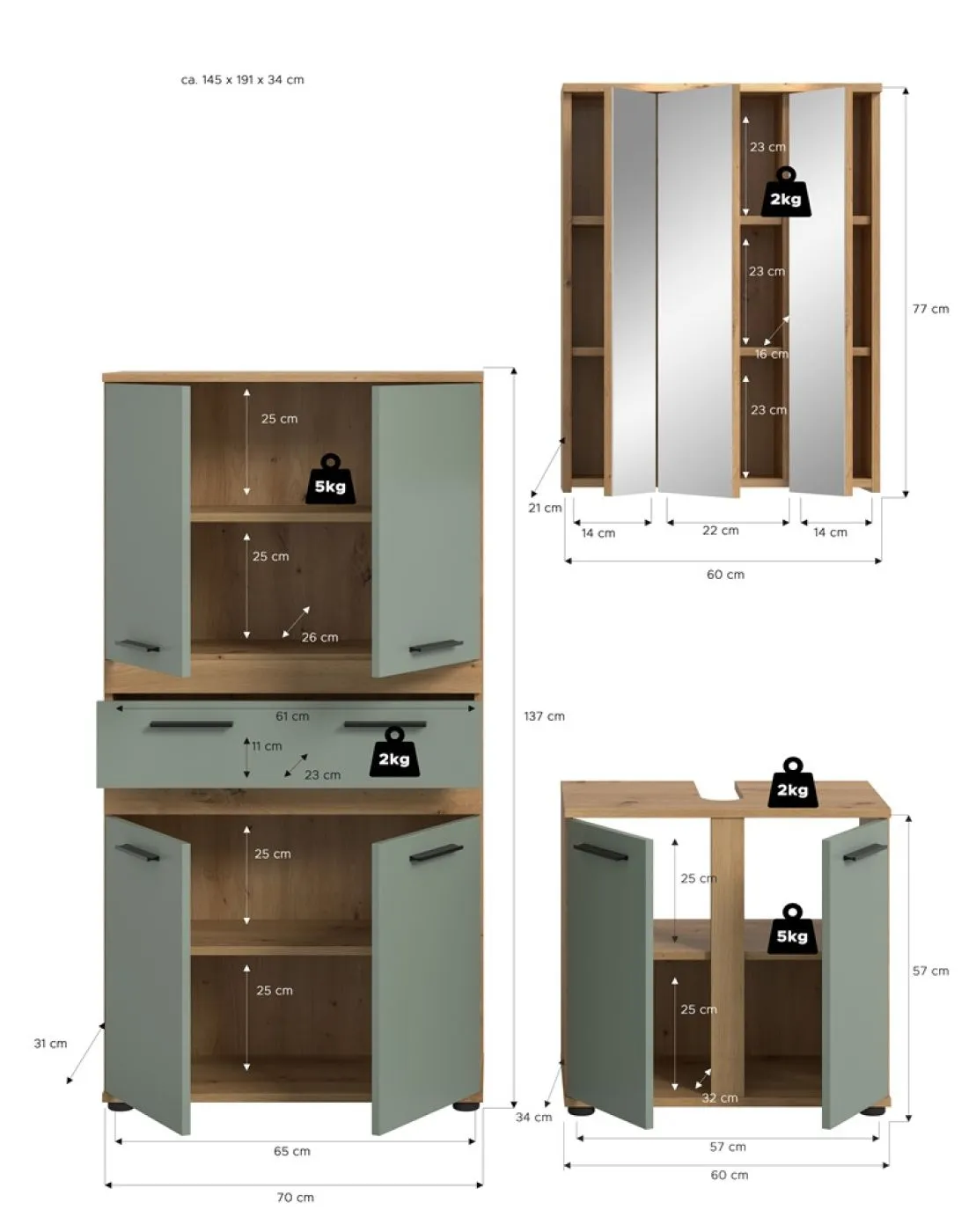 Badezimmer-Set Blake 3 | Salbei / Artisan Eiche | 3-teilig mit LED