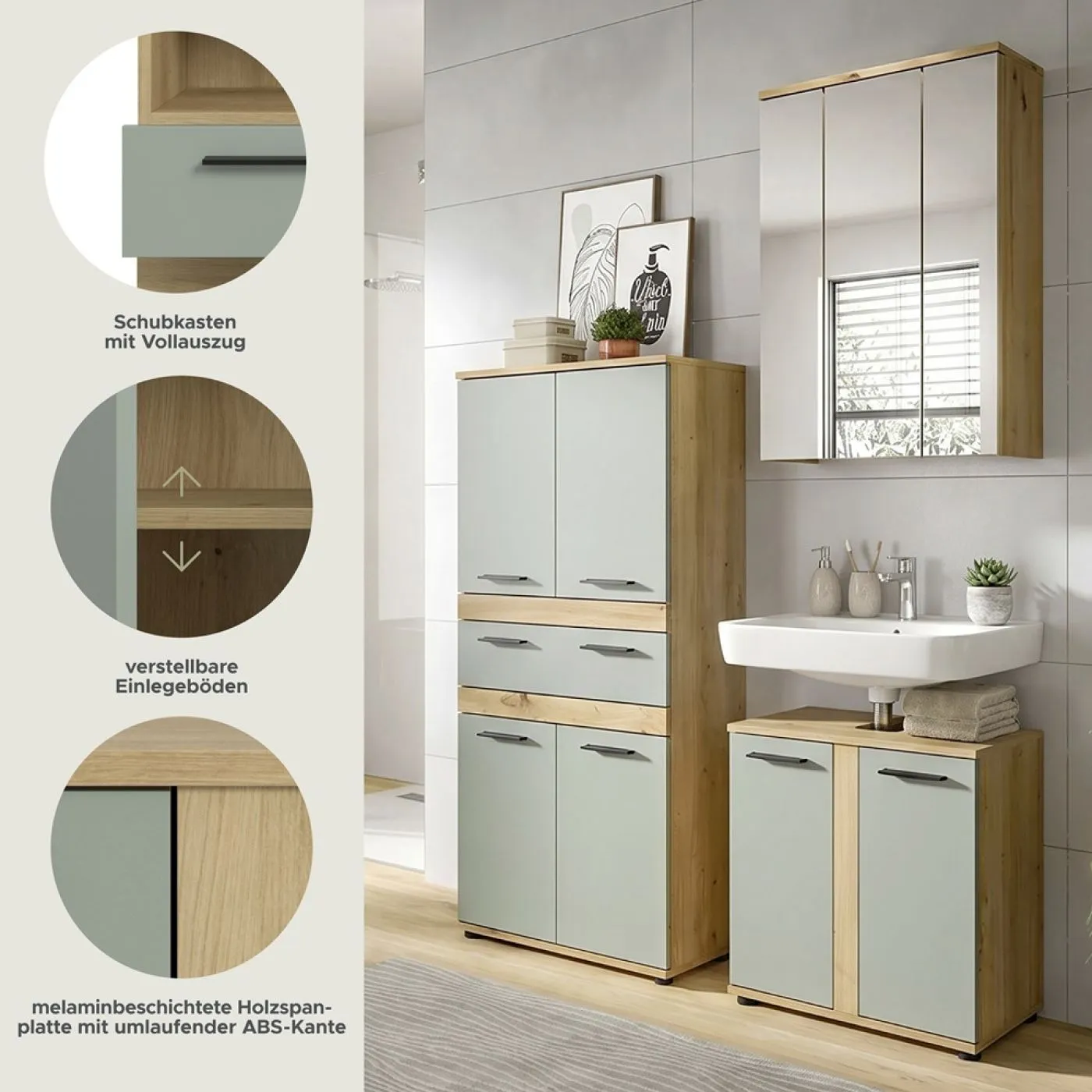 Badezimmer-Set Blake 3 | Salbei / Artisan Eiche | 3-teilig mit LED