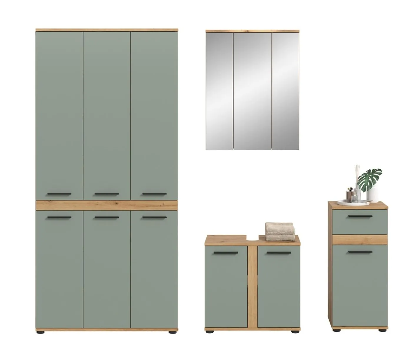 Badezimmer-Set Blake 3 | Salbei / Artisan Eiche | 4-teilig mit Aufsatzleuchte