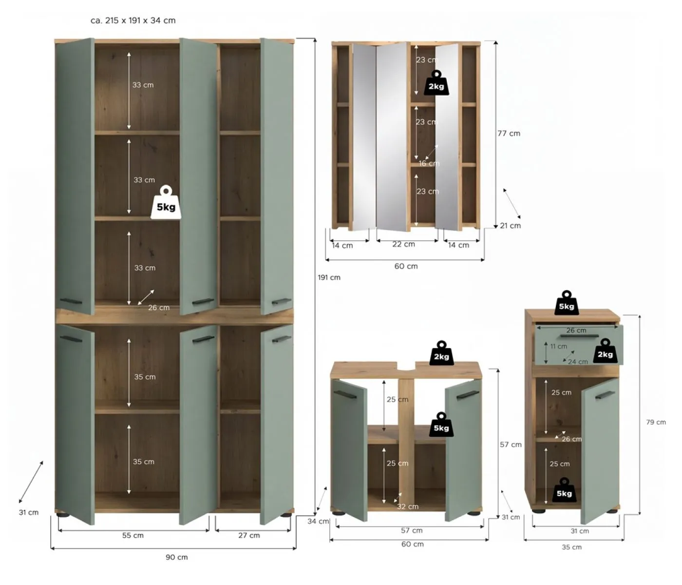 Badezimmer-Set Blake 3 | Salbei / Artisan Eiche | 4-teilig mit Aufsatzleuchte